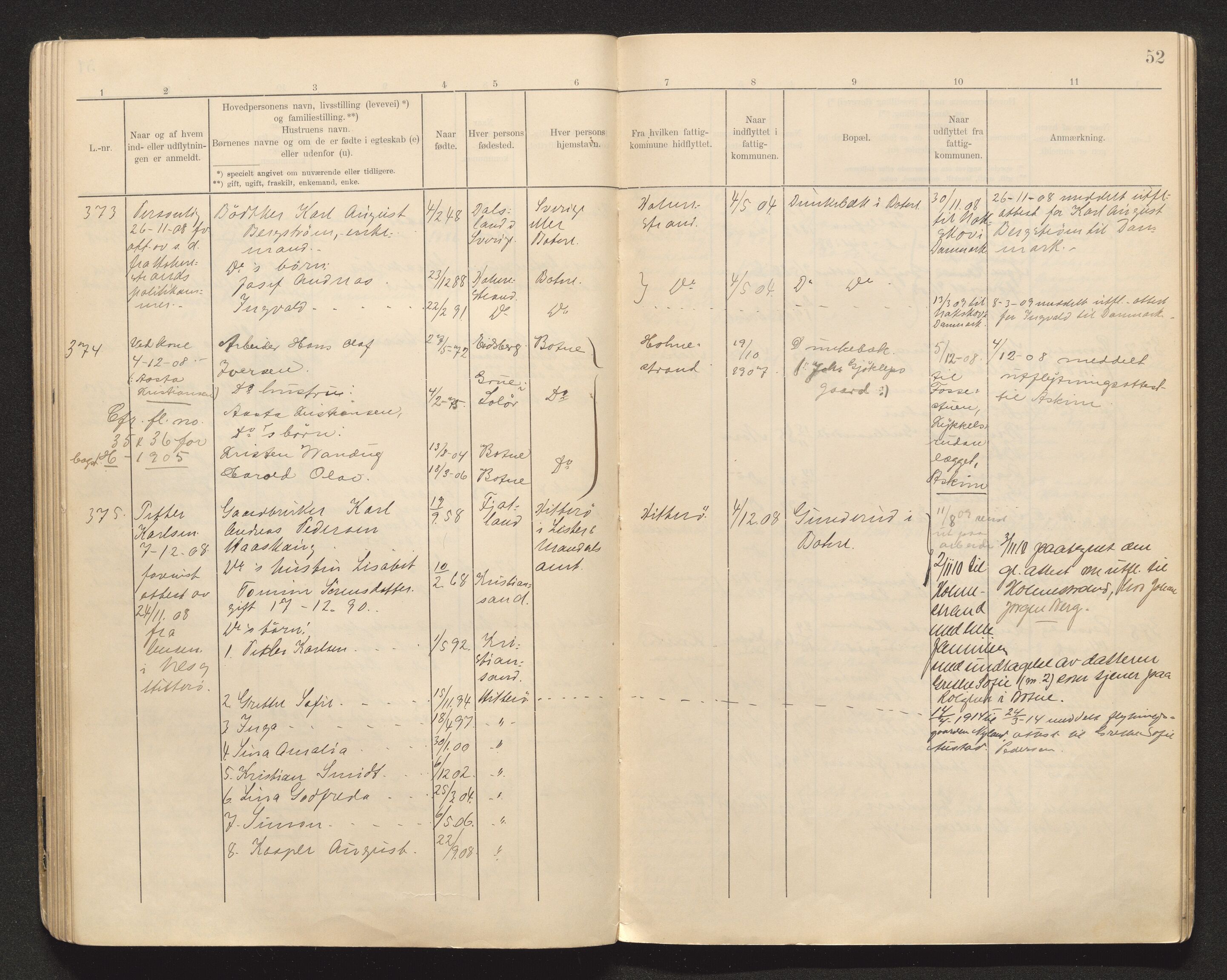 Botne lensmannskontor, AV/SAKO-A-534/O/Oa/L0002: Protokoll over inn- og utflyttede, 1905-1910, p. 51b-52a