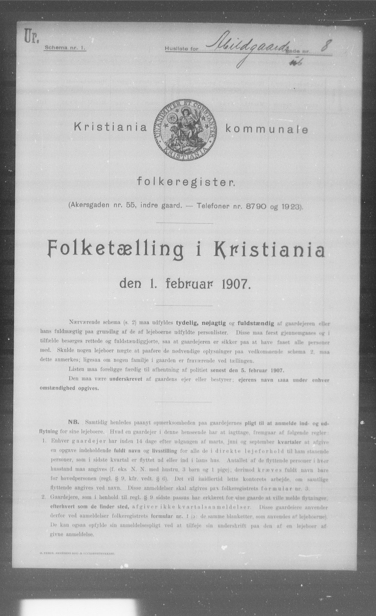 OBA, Municipal Census 1907 for Kristiania, 1907, p. 19