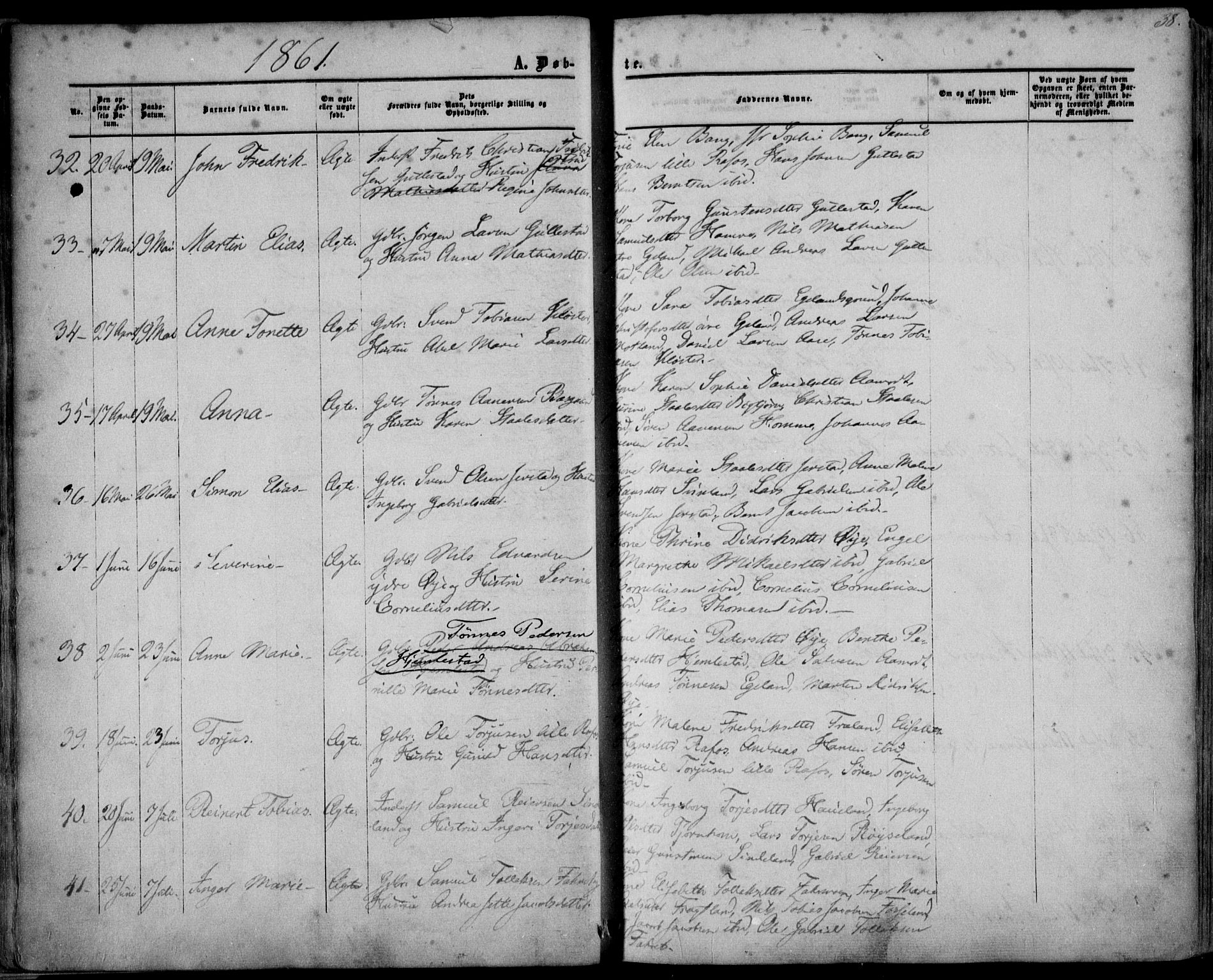 Kvinesdal sokneprestkontor, AV/SAK-1111-0026/F/Fa/Fab/L0006: Parish register (official) no. A 6, 1857-1869, p. 38