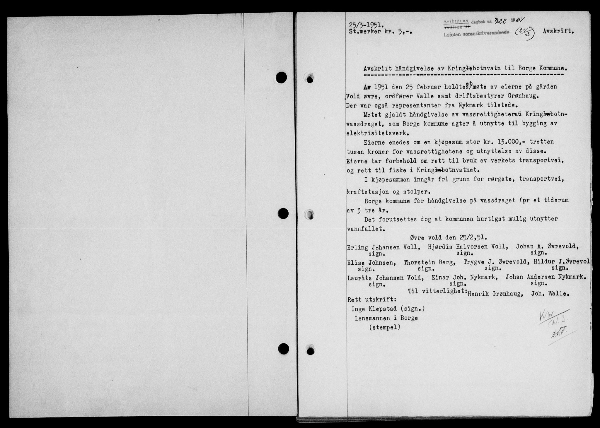 Lofoten sorenskriveri, SAT/A-0017/1/2/2C/L0025a: Mortgage book no. 25a, 1950-1951, Diary no: : 722/1951