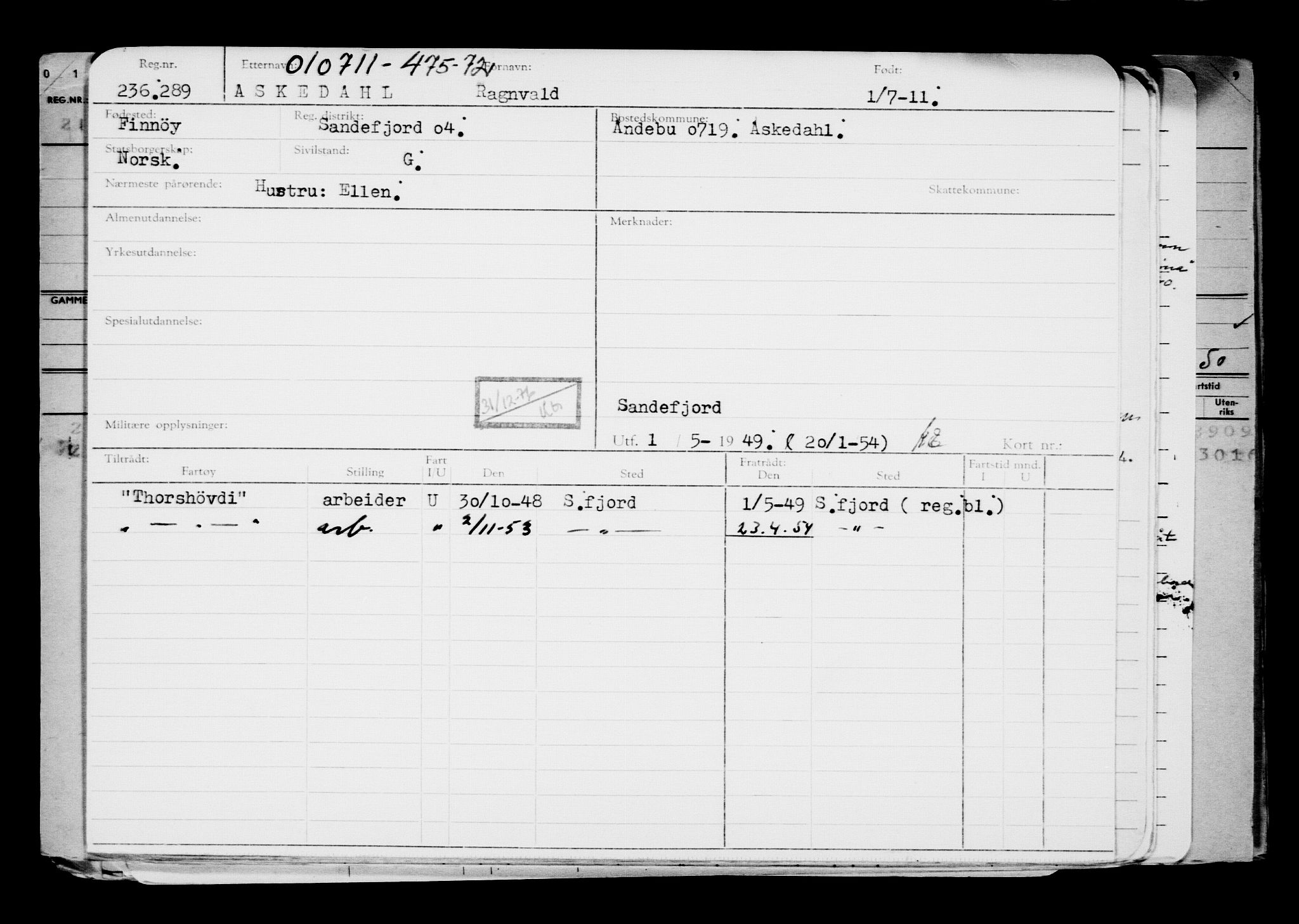 Direktoratet for sjømenn, AV/RA-S-3545/G/Gb/L0098: Hovedkort, 1911, p. 1