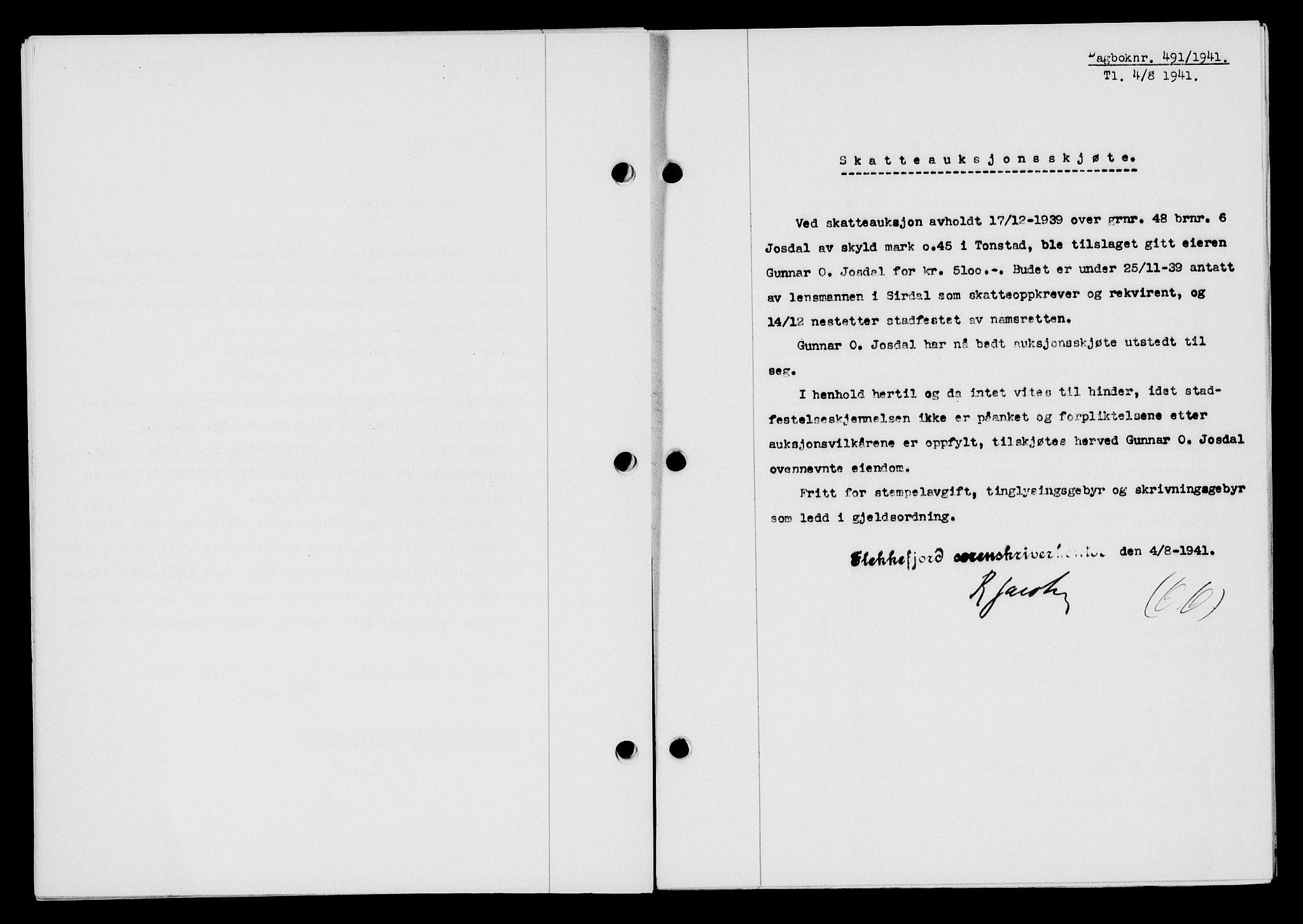 Flekkefjord sorenskriveri, AV/SAK-1221-0001/G/Gb/Gba/L0057: Mortgage book no. A-5, 1941-1942, Diary no: : 491/1941