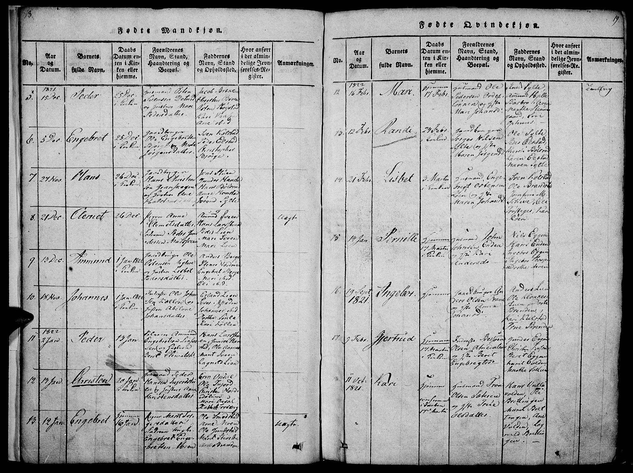 Ringebu prestekontor, AV/SAH-PREST-082/H/Ha/Haa/L0004: Parish register (official) no. 4, 1821-1839, p. 18-19