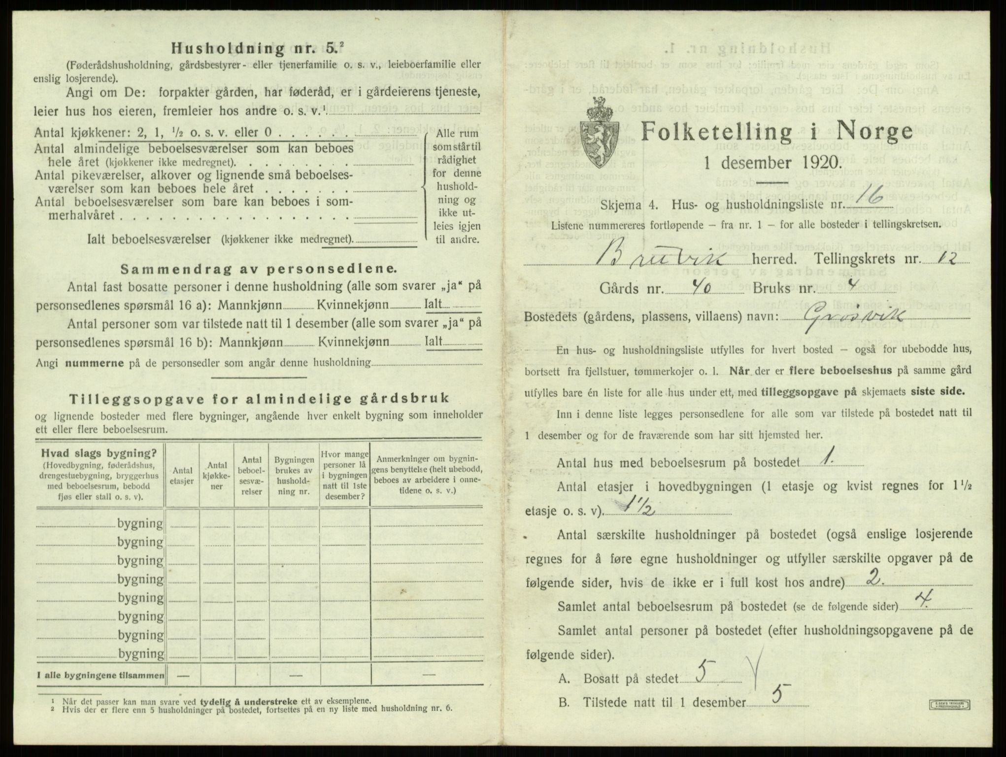 SAB, 1920 census for Bruvik, 1920, p. 876