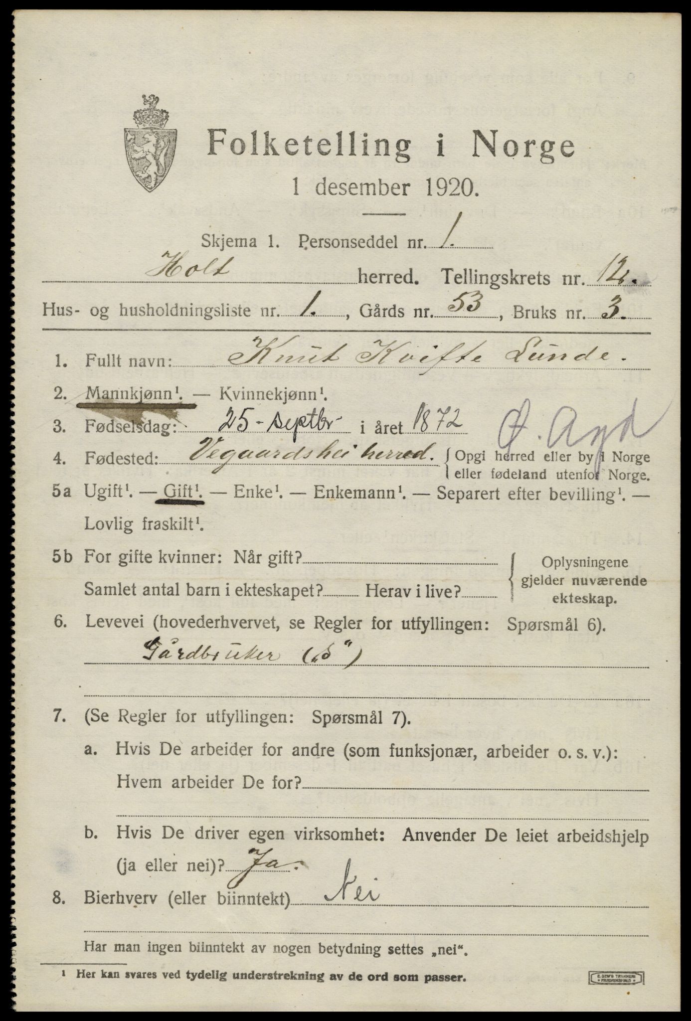 SAK, 1920 census for Holt, 1920, p. 7134