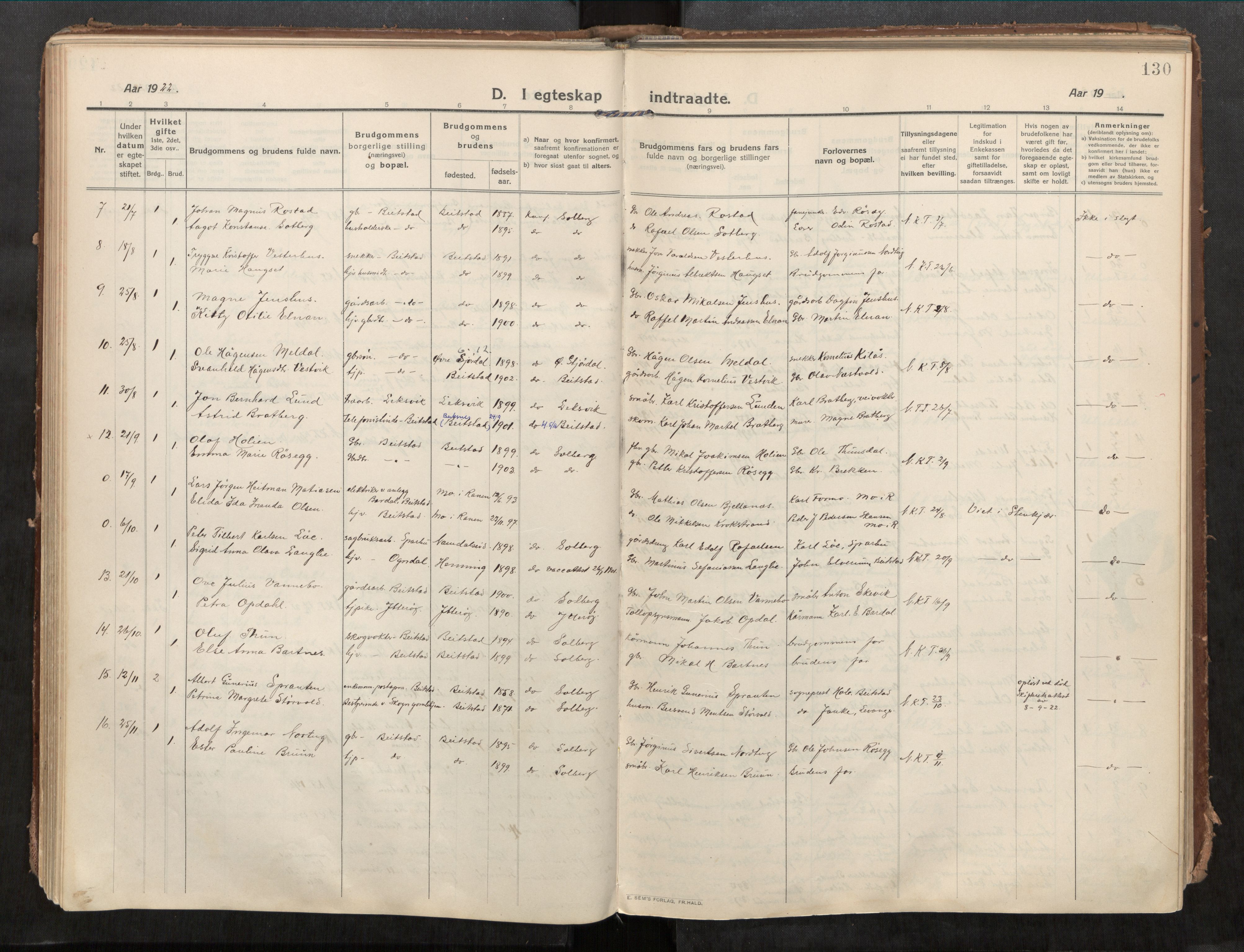 Beitstad sokneprestkontor, SAT/A-1162/I/I1/I1a/L0001: Parish register (official) no. 1, 1912-1927, p. 130