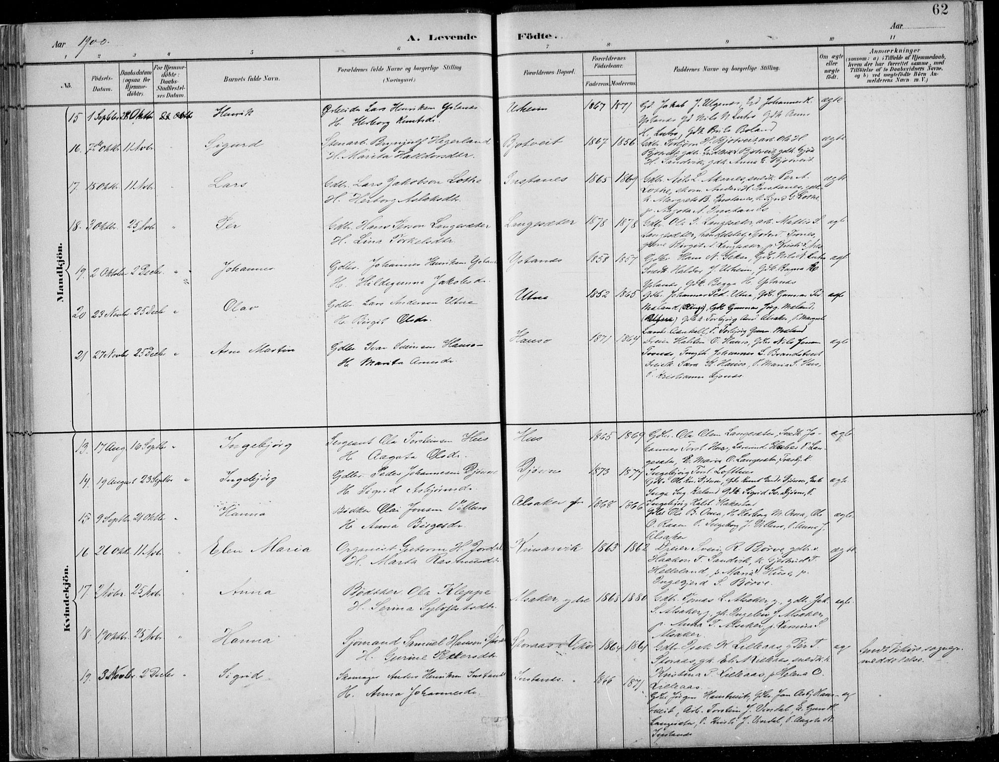 Ullensvang sokneprestembete, AV/SAB-A-78701/H/Haa: Parish register (official) no. E  1, 1882-1921, p. 62