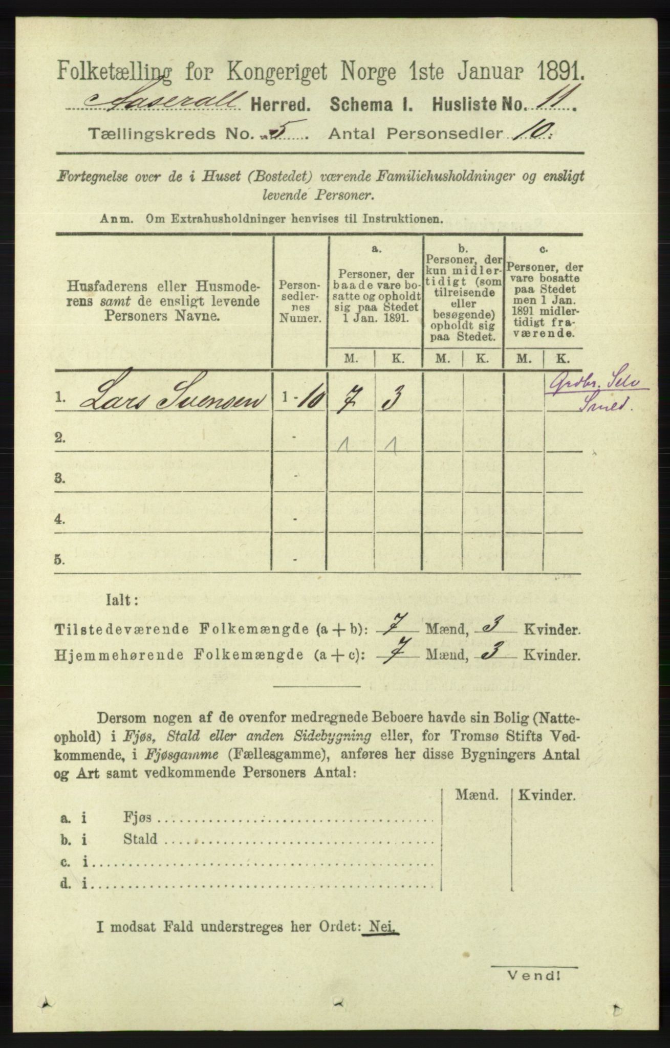 RA, 1891 census for 1026 Åseral, 1891, p. 1426