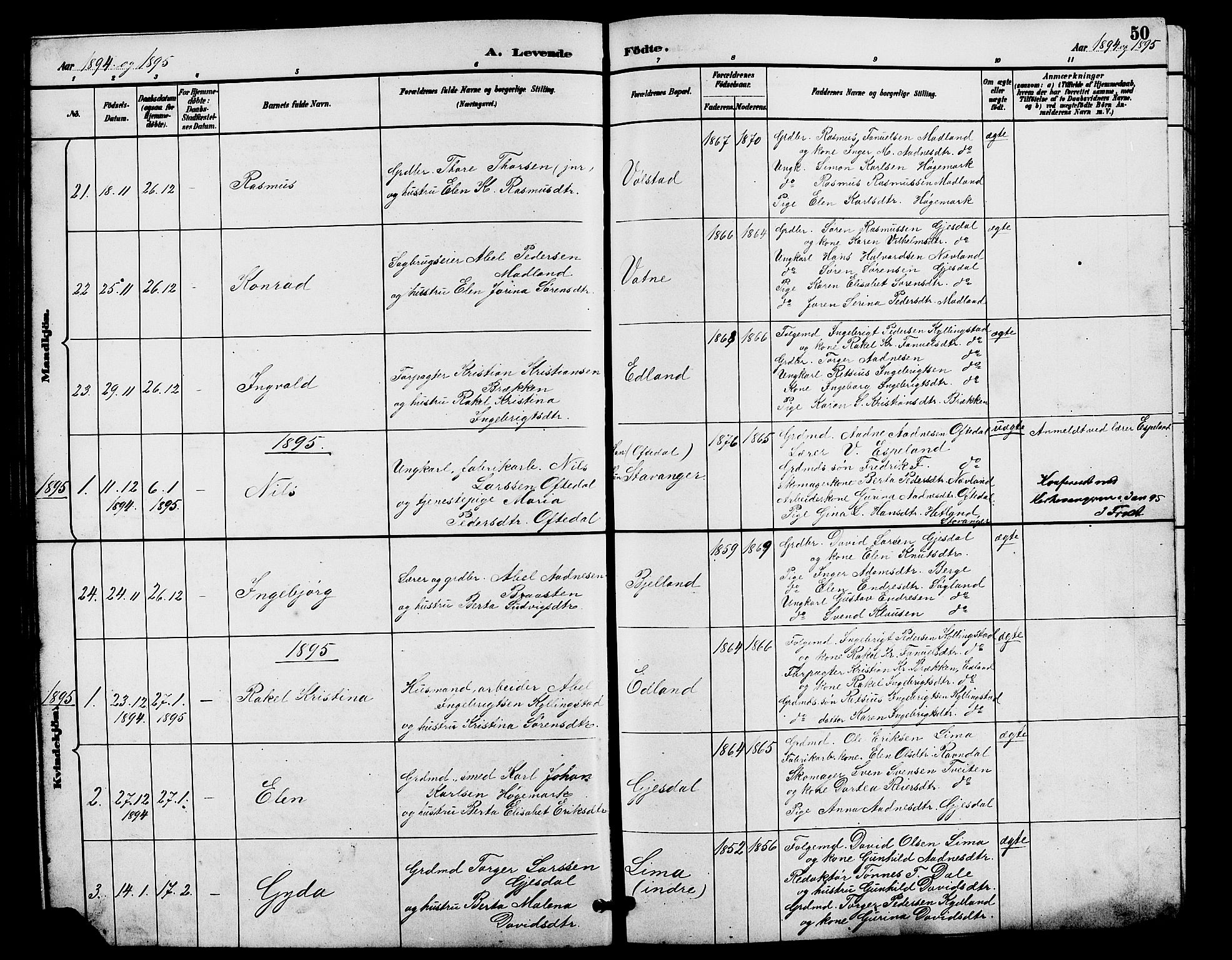 Lye sokneprestkontor, SAST/A-101794/001/30BB/L0008: Parish register (copy) no. B 7, 1887-1901, p. 50