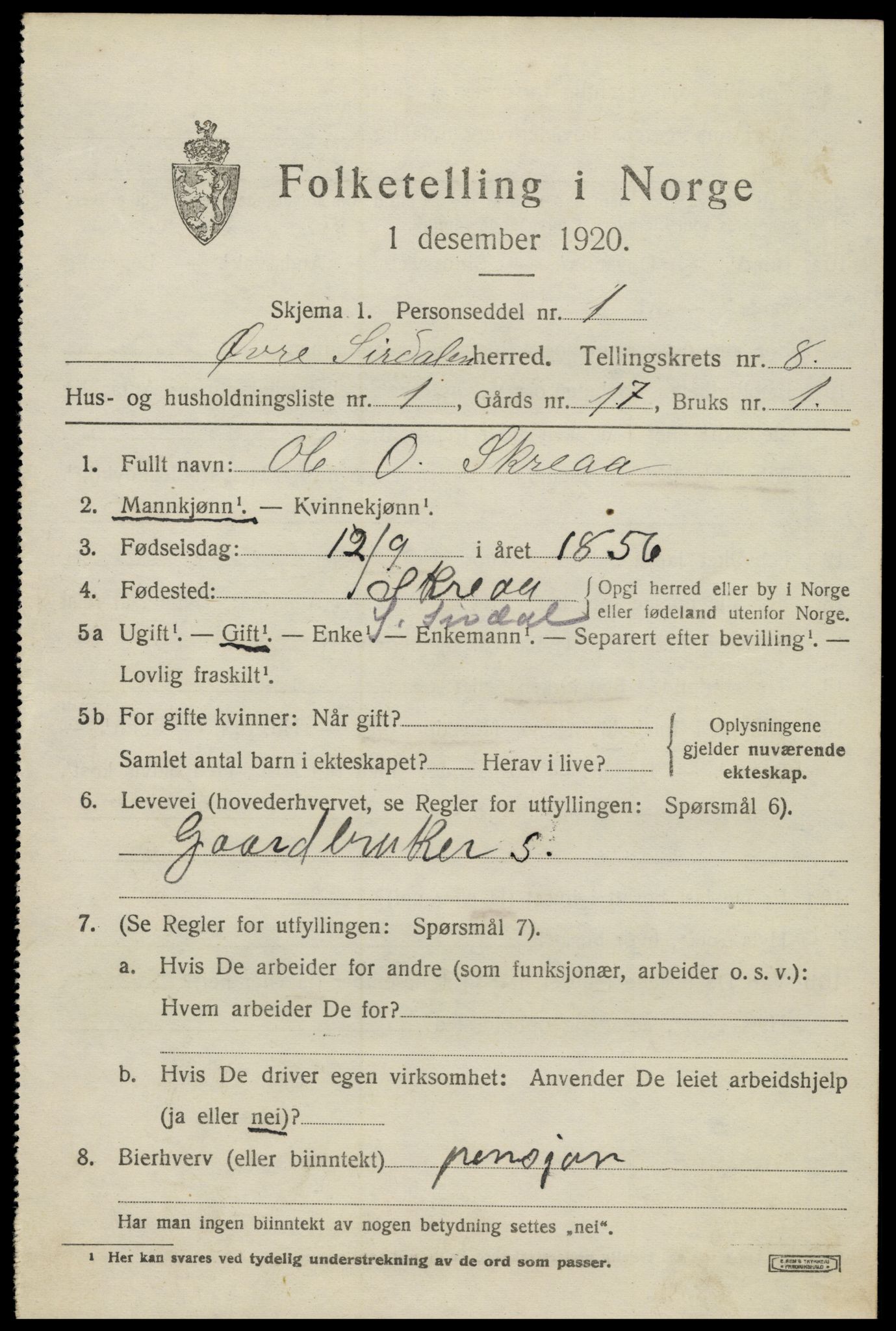 SAK, 1920 census for Øvre Sirdal, 1920, p. 1325