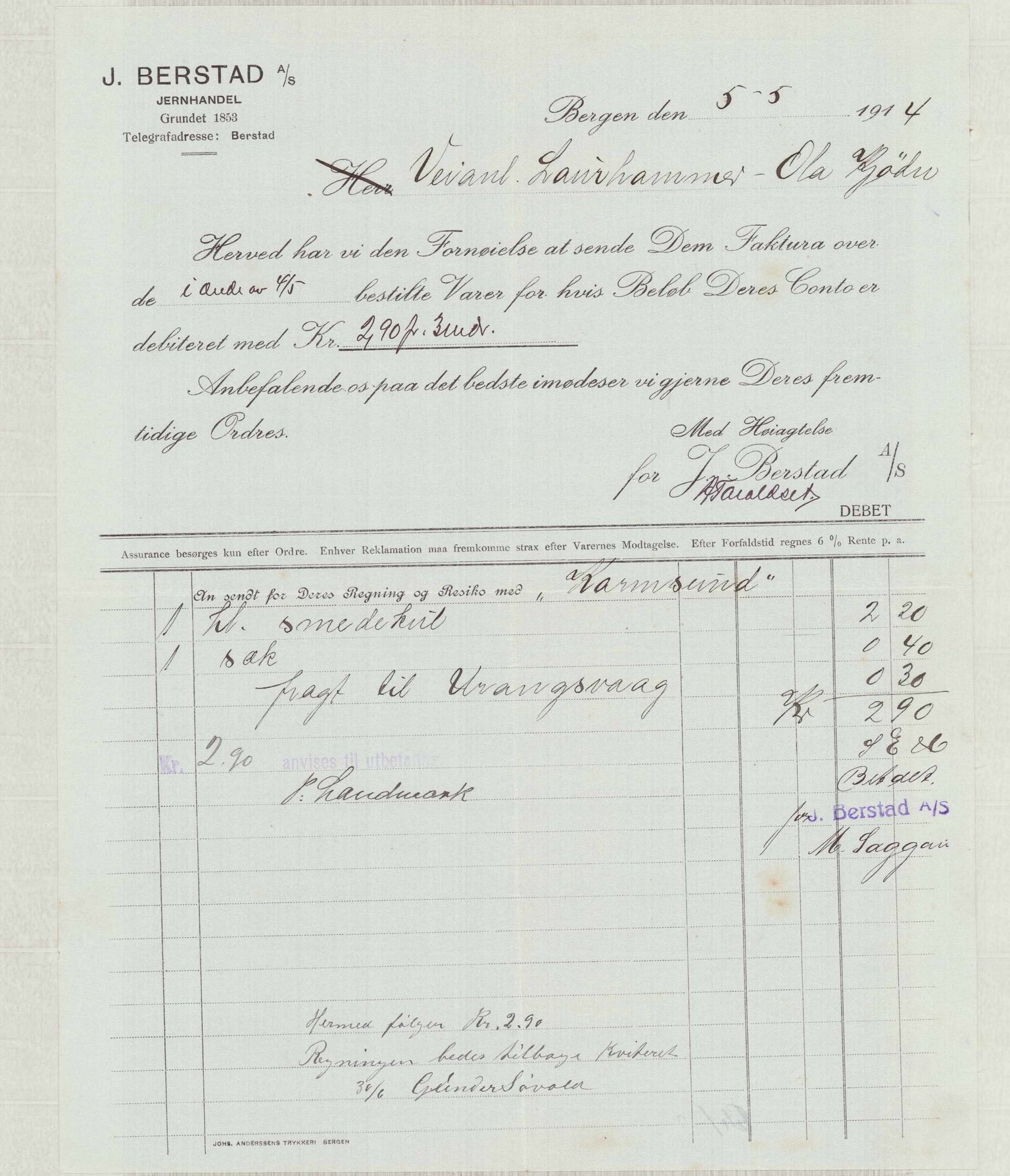 Finnaas kommune. Formannskapet, IKAH/1218a-021/E/Ea/L0001/0004: Rekneskap for veganlegg / Rekneskap for veganlegget Laurhammer - Olakjødn, 1913-1916, p. 25