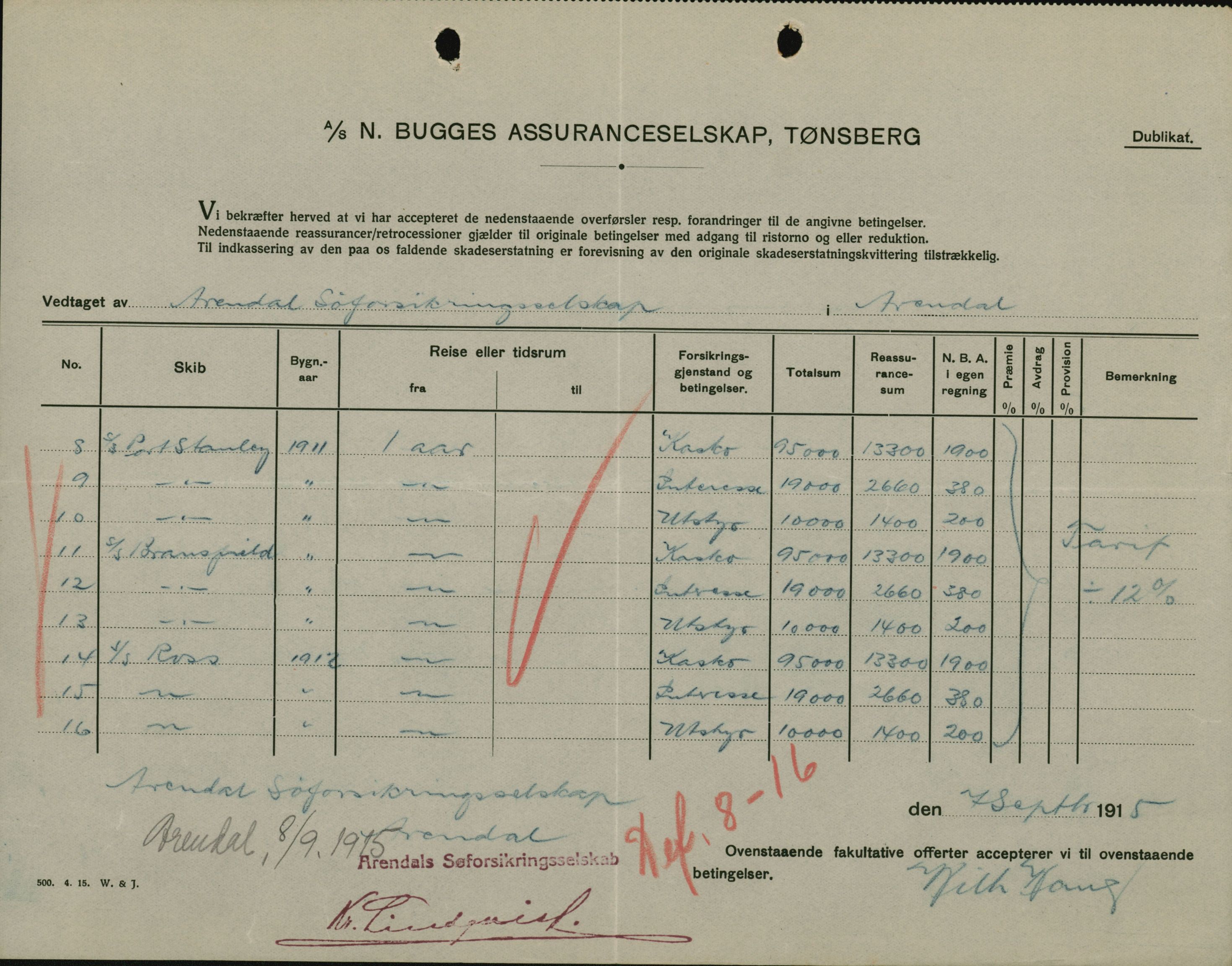 Pa 664 - Tønsberg Sjøforsikringsselskap, VEMU/A-1773/F/L0001: Forsikringspoliser, 1915-1918