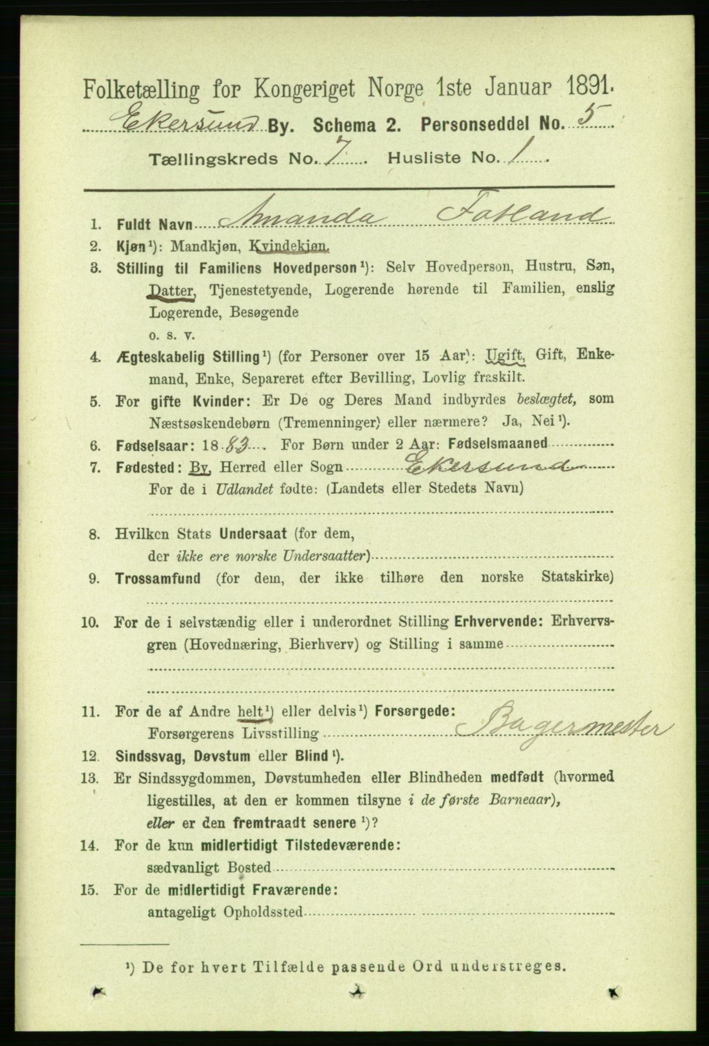 RA, 1891 census for 1101 Egersund, 1891, p. 1221