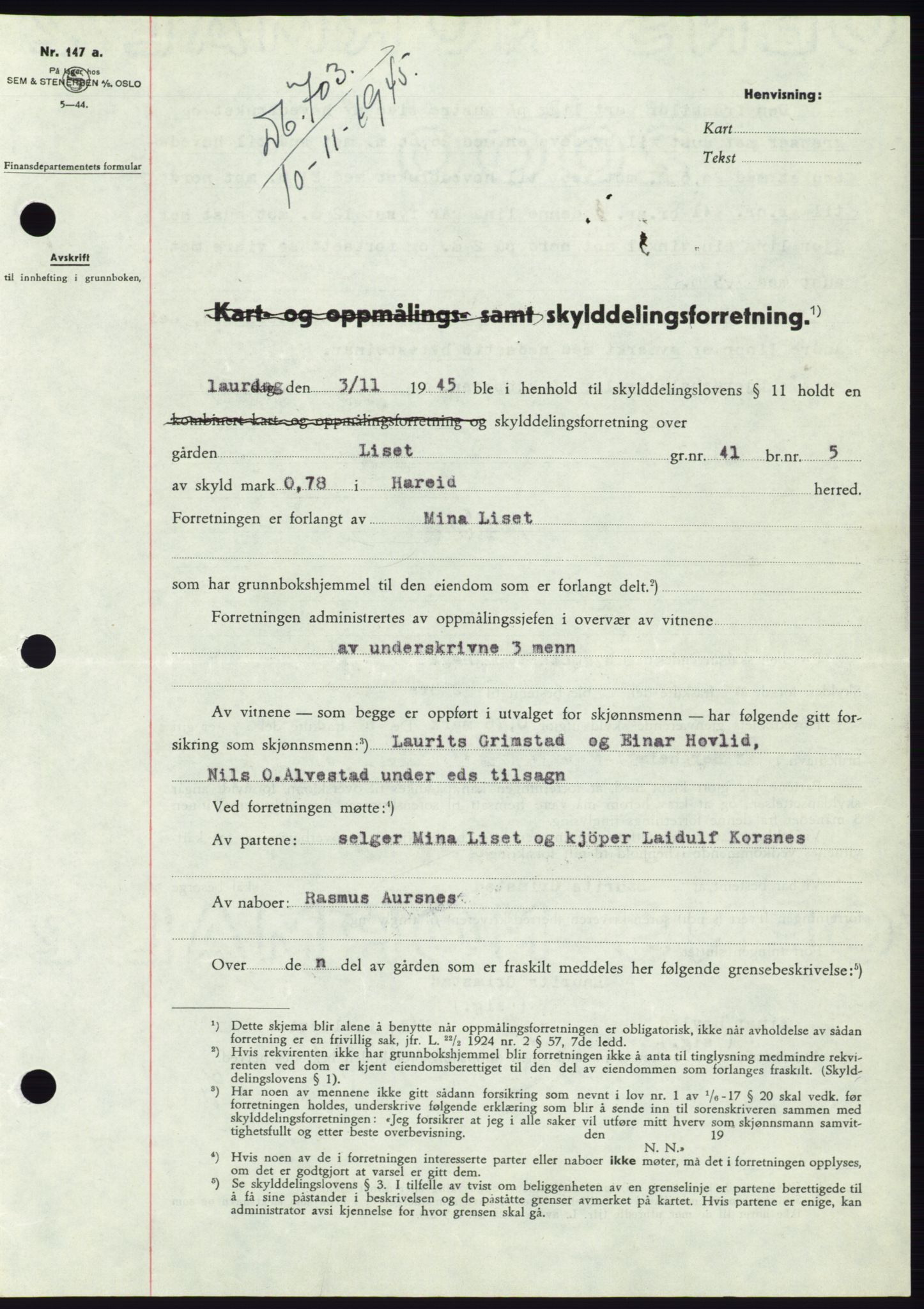 Søre Sunnmøre sorenskriveri, AV/SAT-A-4122/1/2/2C/L0077: Mortgage book no. 3A, 1945-1946, Diary no: : 703/1945