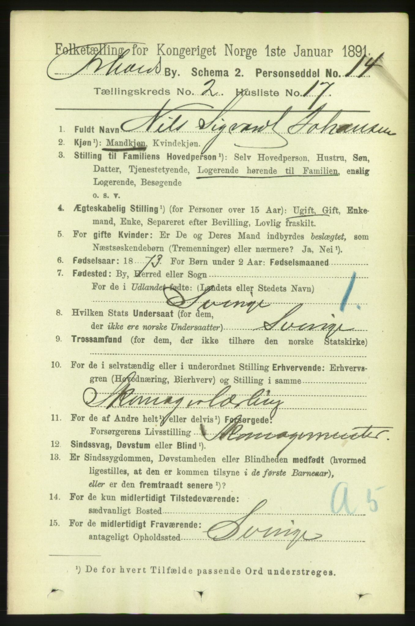 RA, 1891 census for 0101 Fredrikshald, 1891, p. 2860