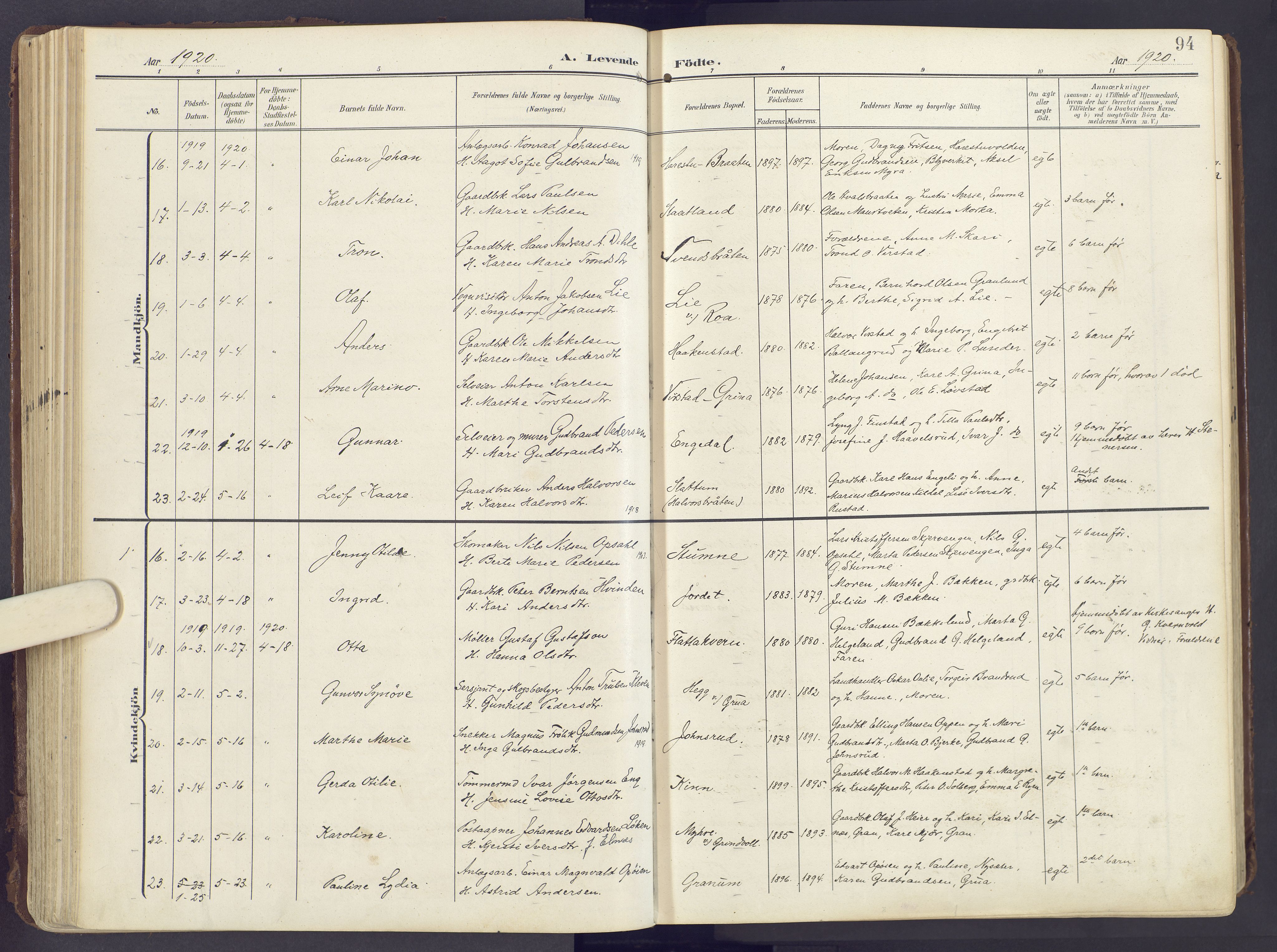 Lunner prestekontor, AV/SAH-PREST-118/H/Ha/Haa/L0001: Parish register (official) no. 1, 1907-1922, p. 94
