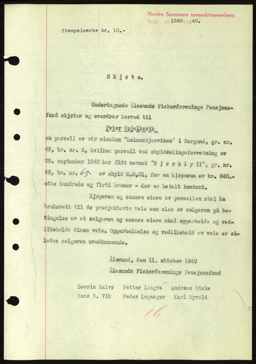 Nordre Sunnmøre sorenskriveri, AV/SAT-A-0006/1/2/2C/2Ca: Mortgage book no. A9, 1940-1940, Diary no: : 1380/1940