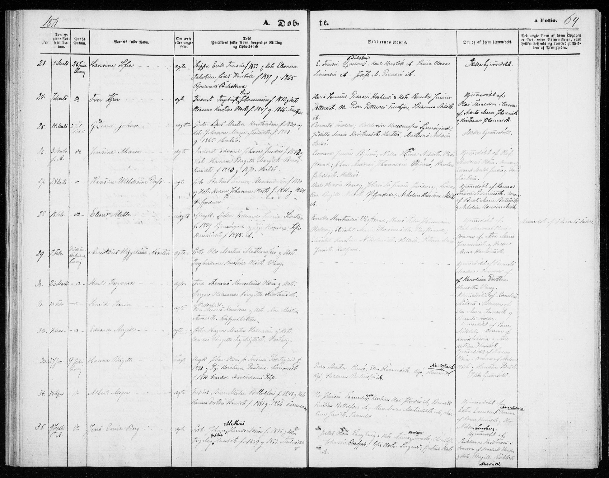 Lenvik sokneprestembete, AV/SATØ-S-1310/H/Ha/Haa/L0009kirke: Parish register (official) no. 9, 1866-1873, p. 64