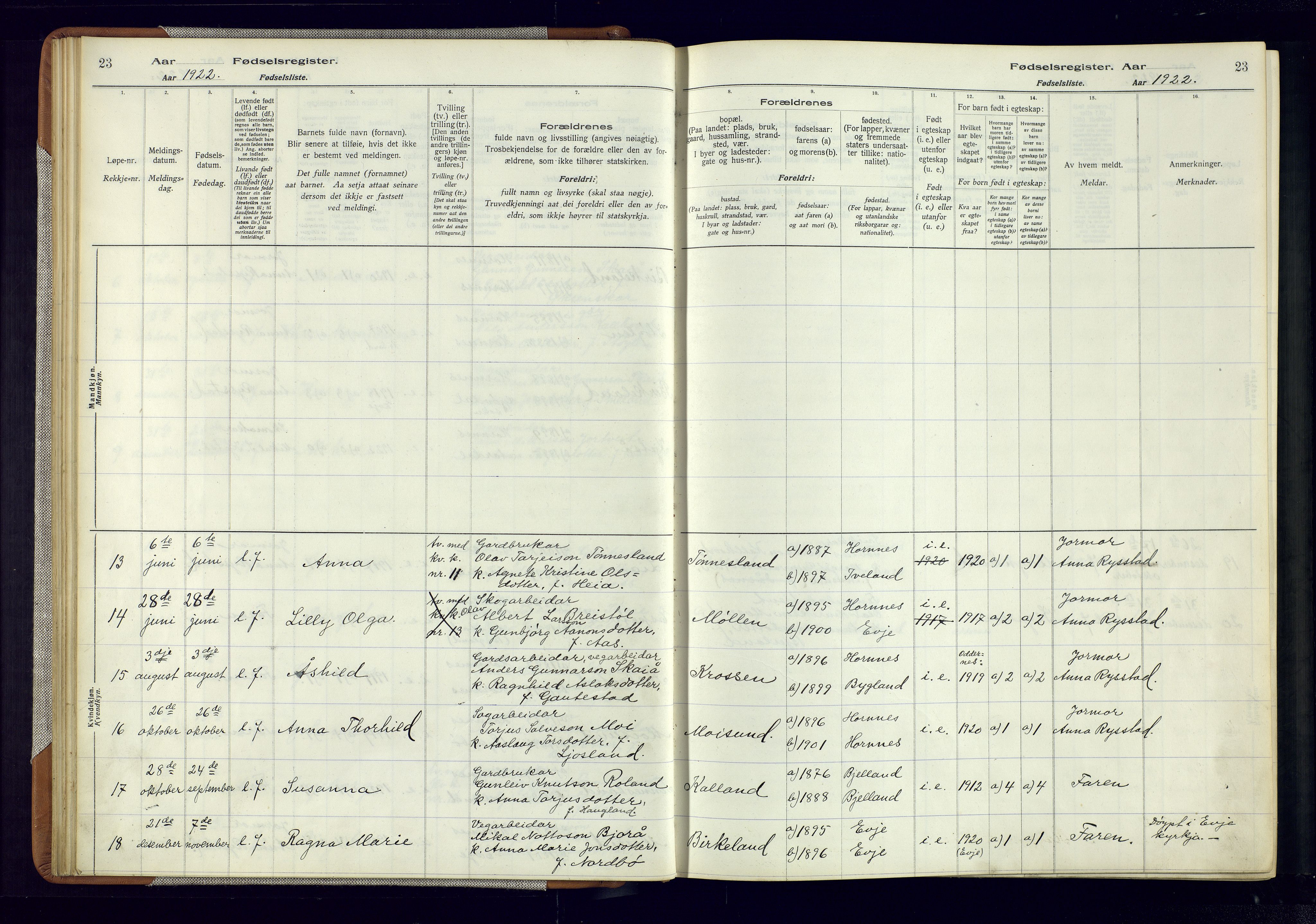 Evje sokneprestkontor, AV/SAK-1111-0008/J/Jc/L0006: Birth register no. 6, 1916-1982, p. 23