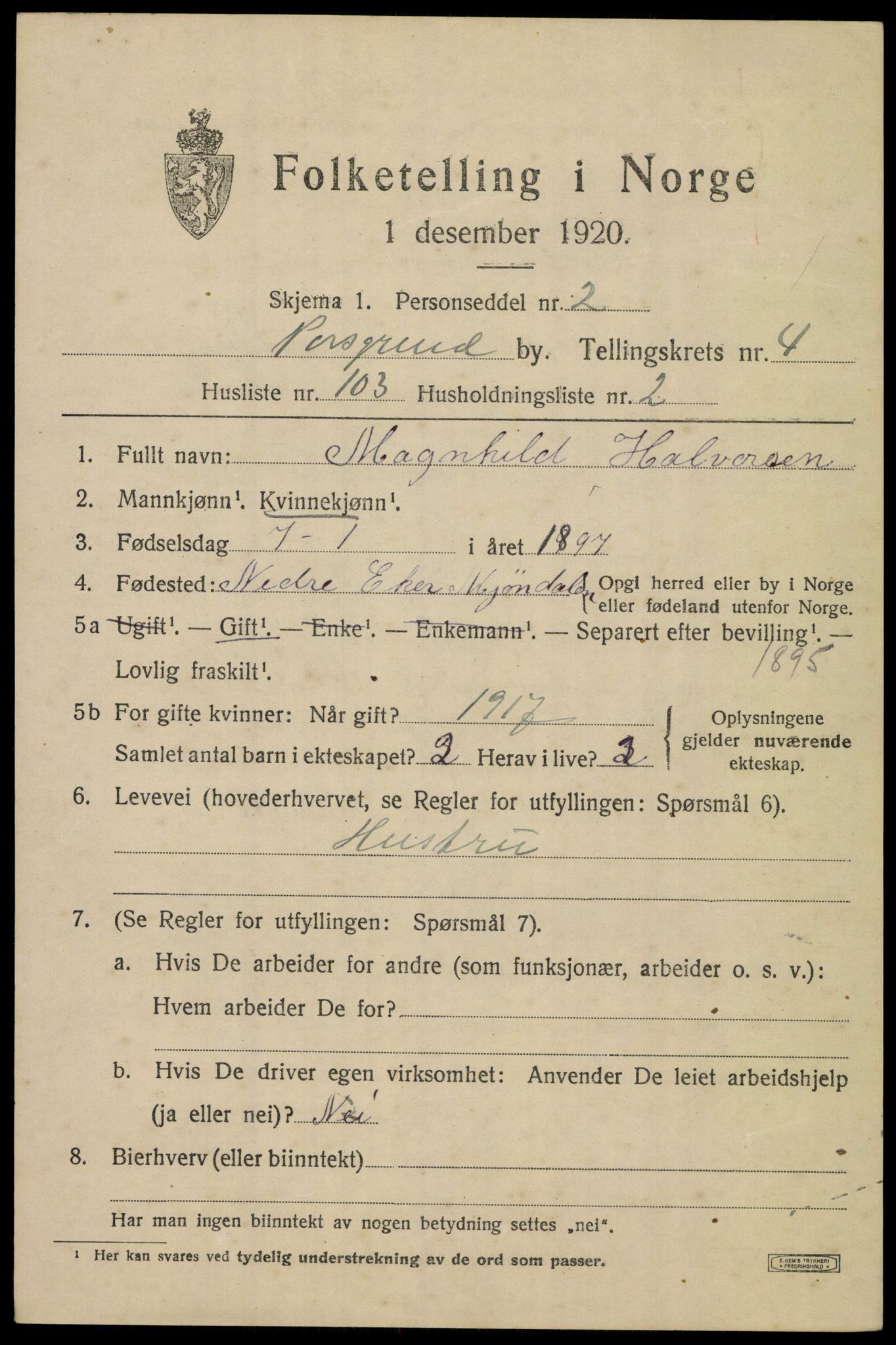 SAKO, 1920 census for Porsgrunn, 1920, p. 19905