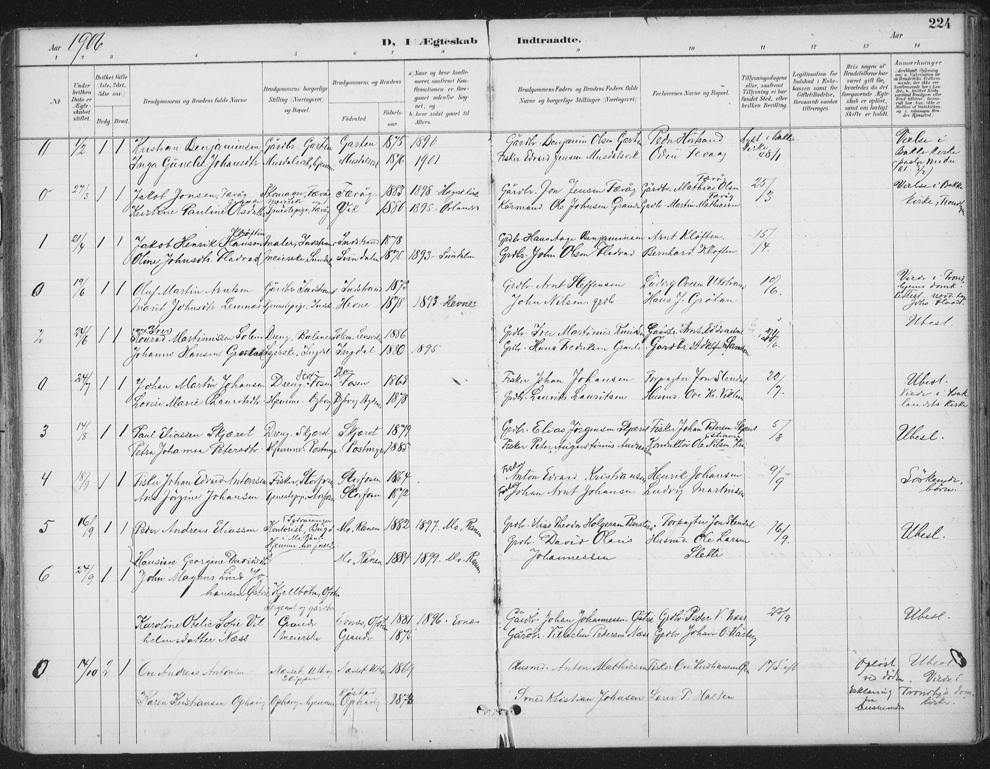 Ministerialprotokoller, klokkerbøker og fødselsregistre - Sør-Trøndelag, SAT/A-1456/659/L0743: Parish register (official) no. 659A13, 1893-1910, p. 224