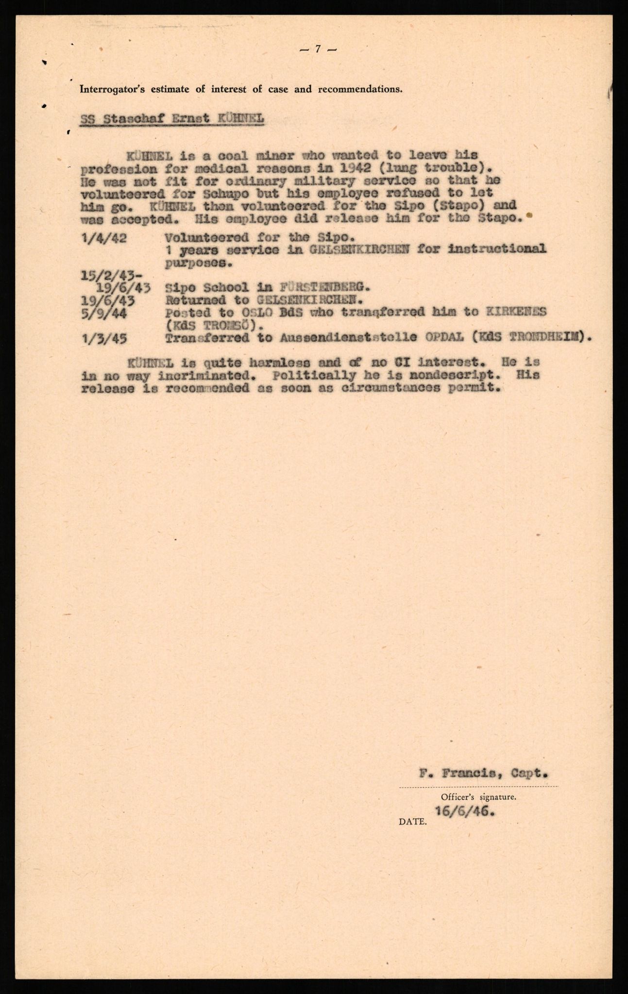 Forsvaret, Forsvarets overkommando II, AV/RA-RAFA-3915/D/Db/L0019: CI Questionaires. Tyske okkupasjonsstyrker i Norge. Tyskere., 1945-1946, p. 84