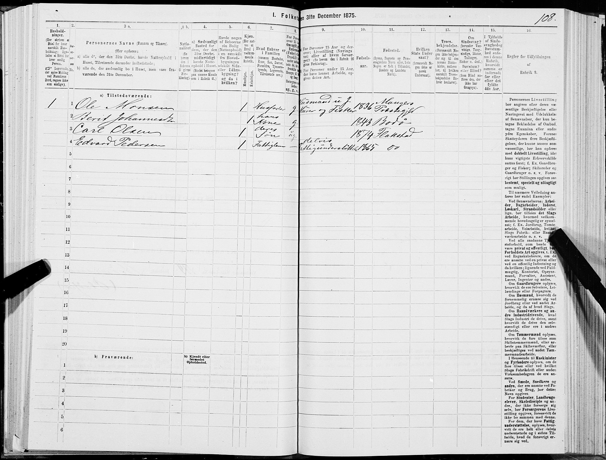 SAT, 1875 census for 1859P Flakstad, 1875, p. 1108