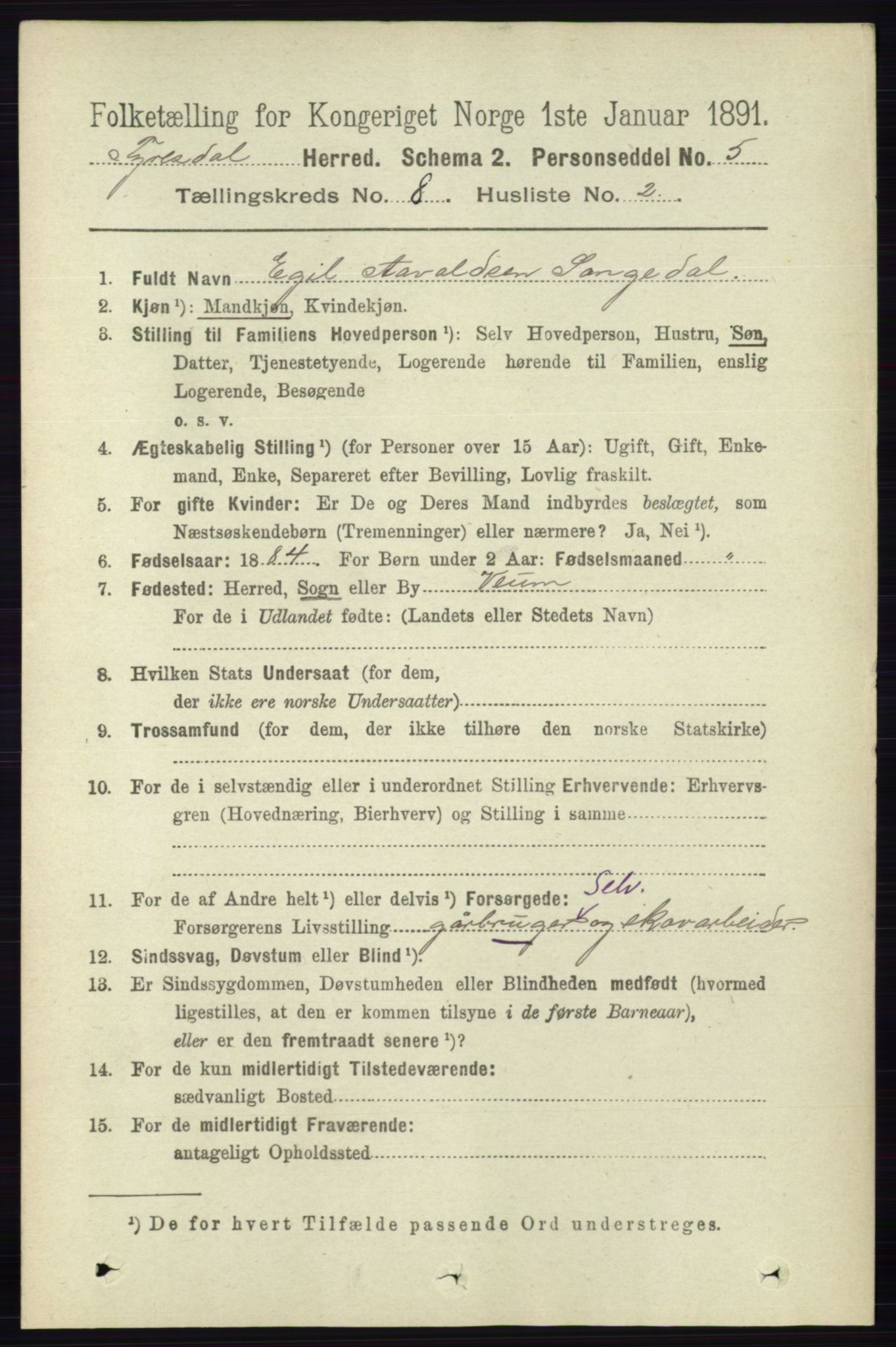 RA, 1891 census for 0831 Fyresdal, 1891, p. 2183