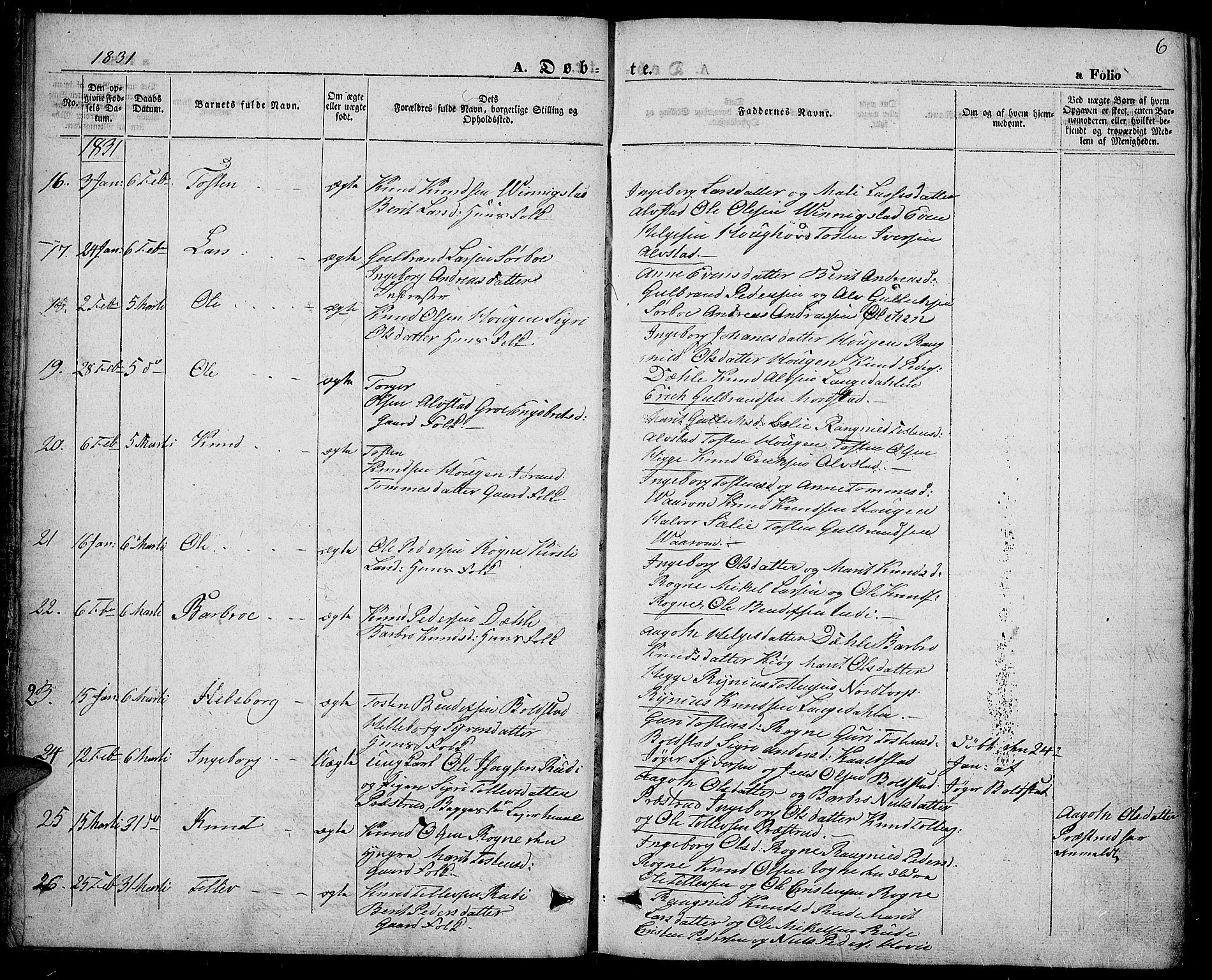 Slidre prestekontor, AV/SAH-PREST-134/H/Ha/Haa/L0004: Parish register (official) no. 4, 1831-1848, p. 6