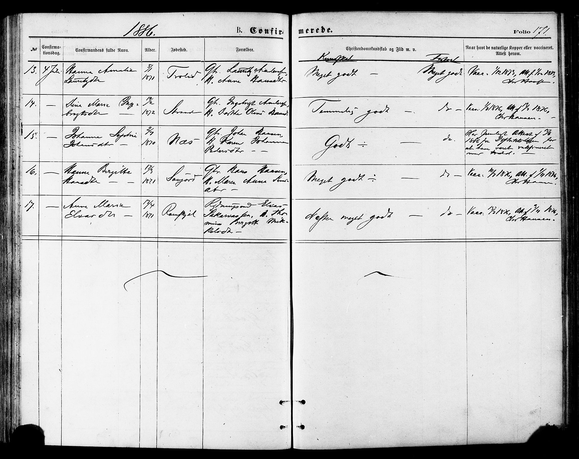 Ministerialprotokoller, klokkerbøker og fødselsregistre - Nordland, AV/SAT-A-1459/846/L0645: Parish register (official) no. 846A03, 1872-1886, p. 171