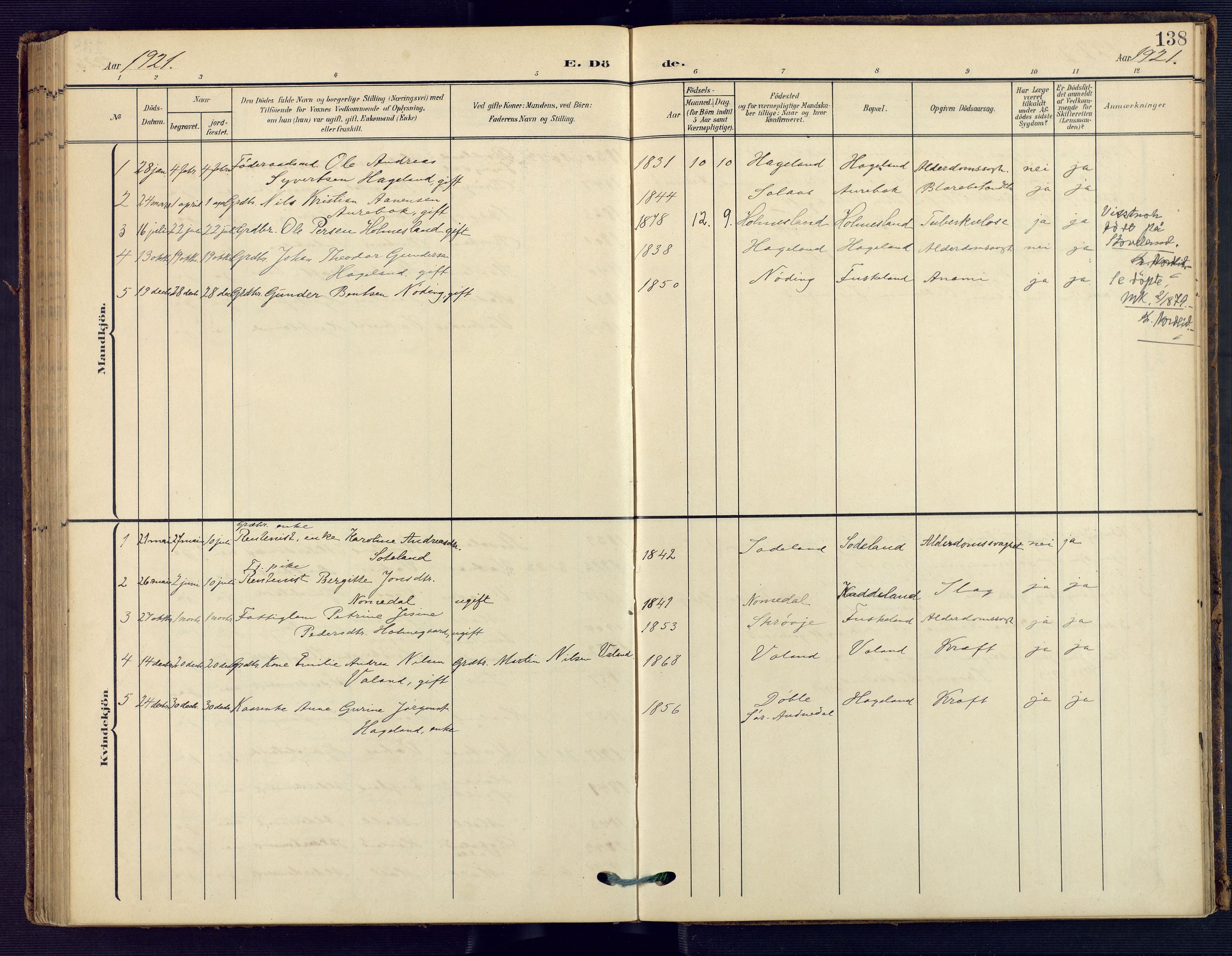 Holum sokneprestkontor, SAK/1111-0022/F/Fa/Faa/L0008: Parish register (official) no. A 8, 1908-1929, p. 138