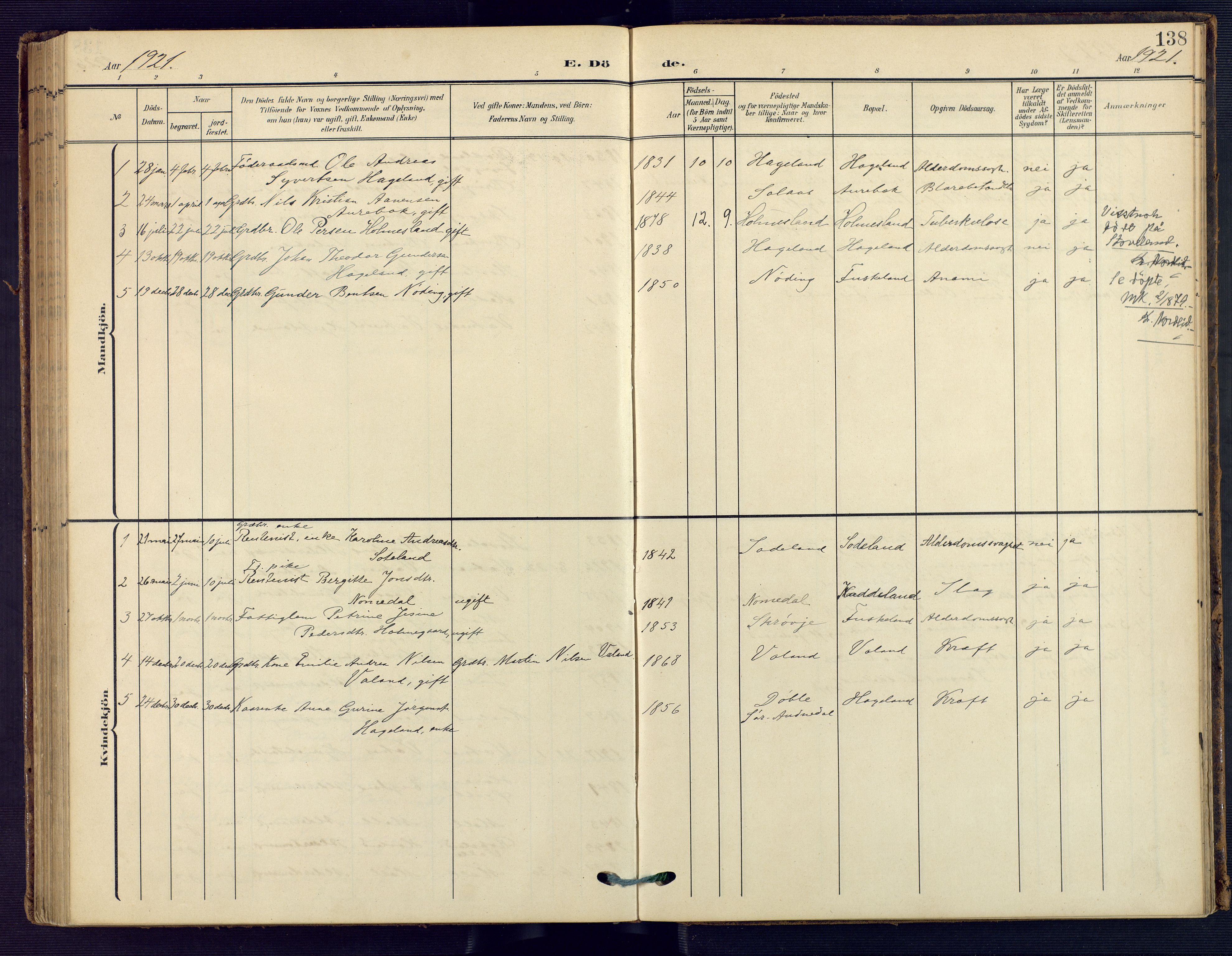 Holum sokneprestkontor, AV/SAK-1111-0022/F/Fa/Faa/L0008: Parish register (official) no. A 8, 1908-1929, p. 138