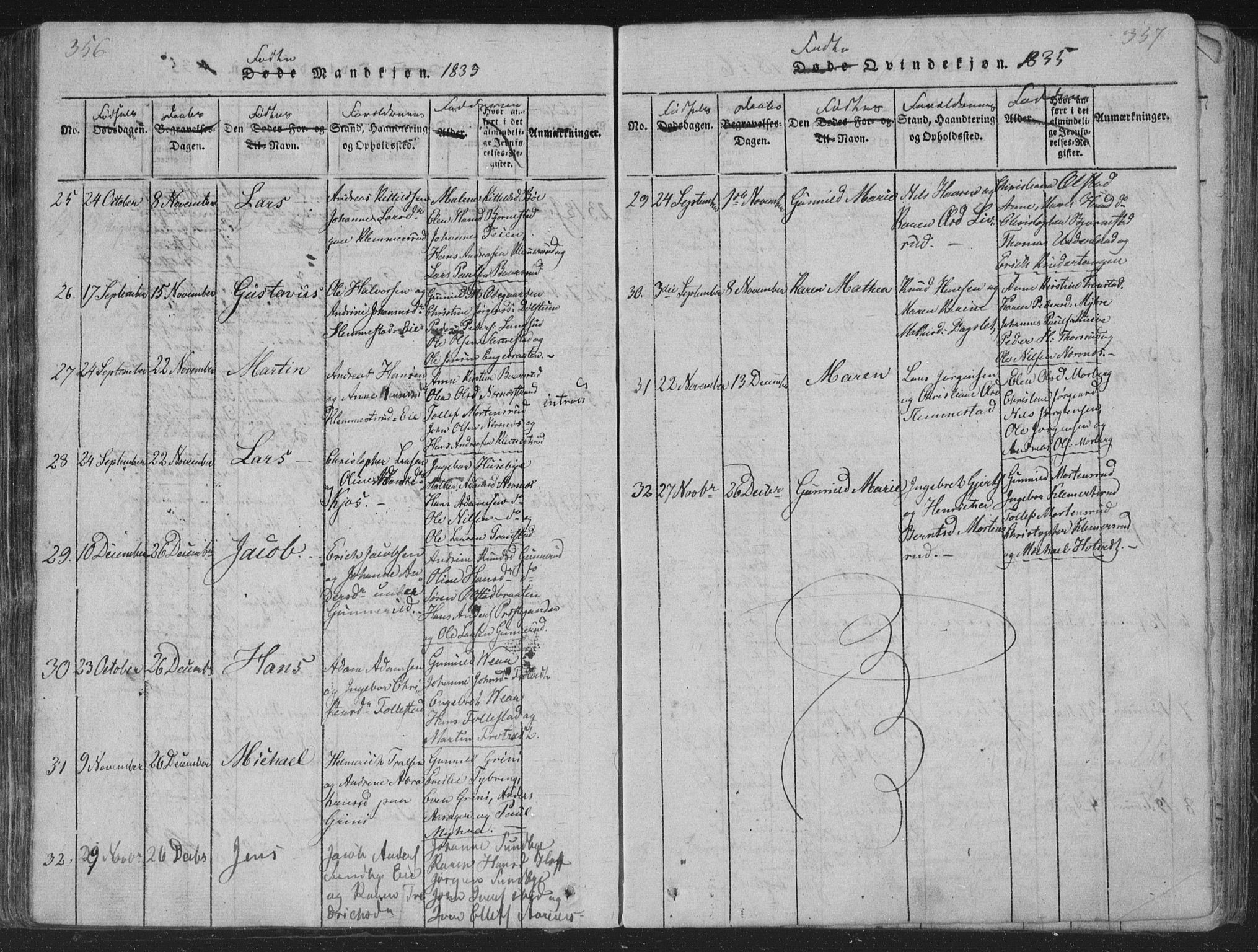 Røyken kirkebøker, AV/SAKO-A-241/G/Ga/L0003: Parish register (copy) no. 3, 1814-1856, p. 356-357