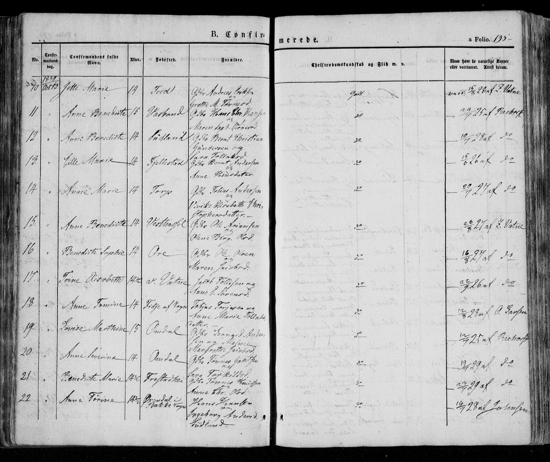 Lista sokneprestkontor, AV/SAK-1111-0027/F/Fa/L0009: Parish register (official) no. A 9, 1835-1846, p. 195