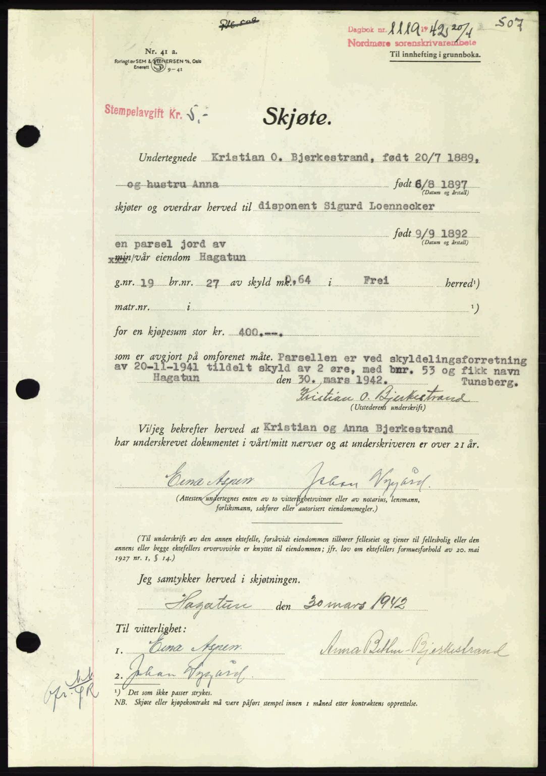 Nordmøre sorenskriveri, AV/SAT-A-4132/1/2/2Ca: Mortgage book no. A92, 1942-1942, Diary no: : 1119/1942