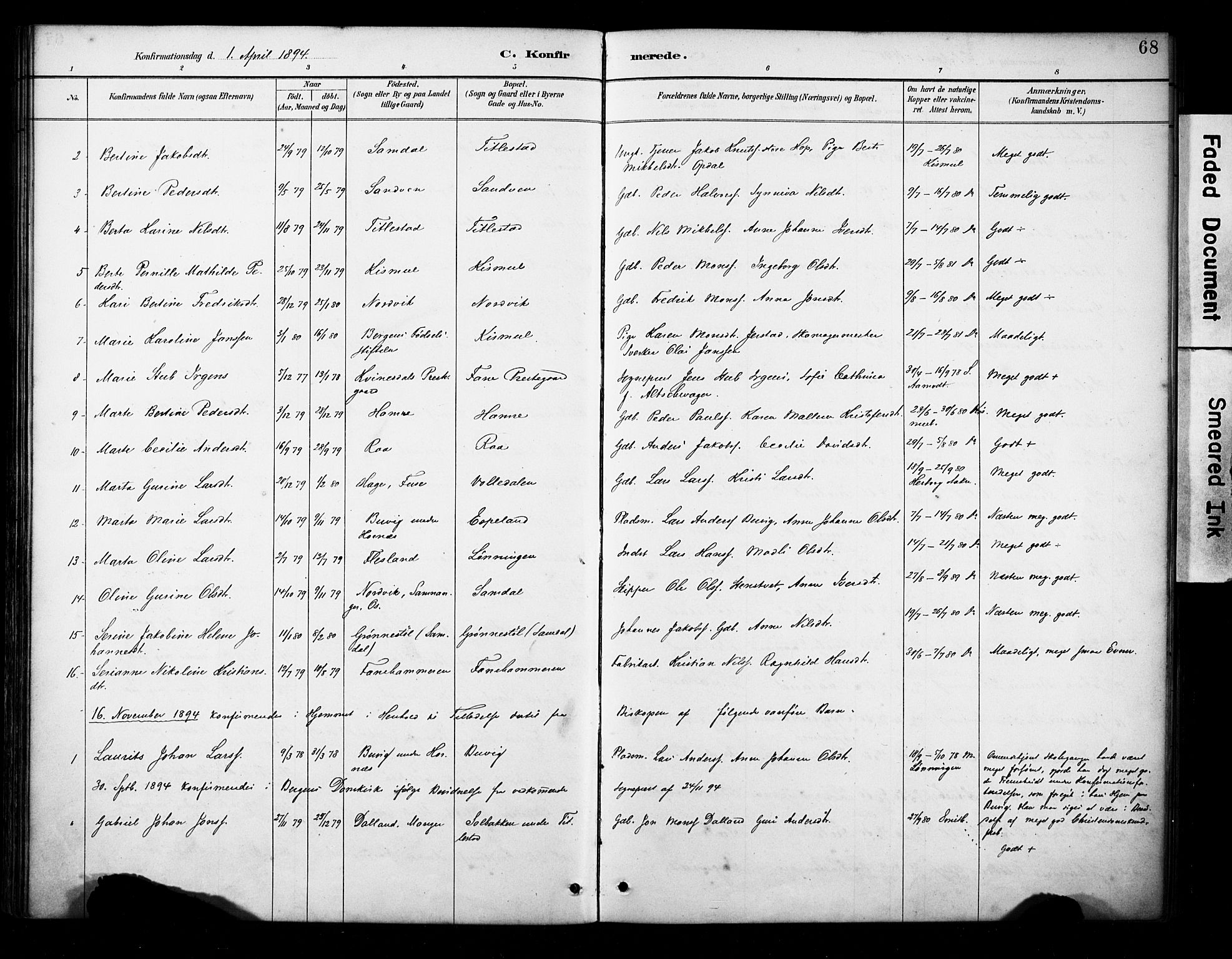 Fana Sokneprestembete, AV/SAB-A-75101/H/Haa/Haab/L0002: Parish register (official) no. B 2, 1890-1897, p. 68