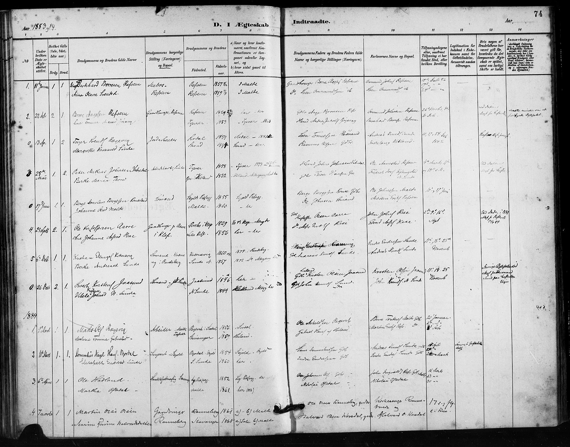 Håland sokneprestkontor, SAST/A-101802/001/30BA/L0011: Parish register (official) no. A 10, 1883-1900, p. 74