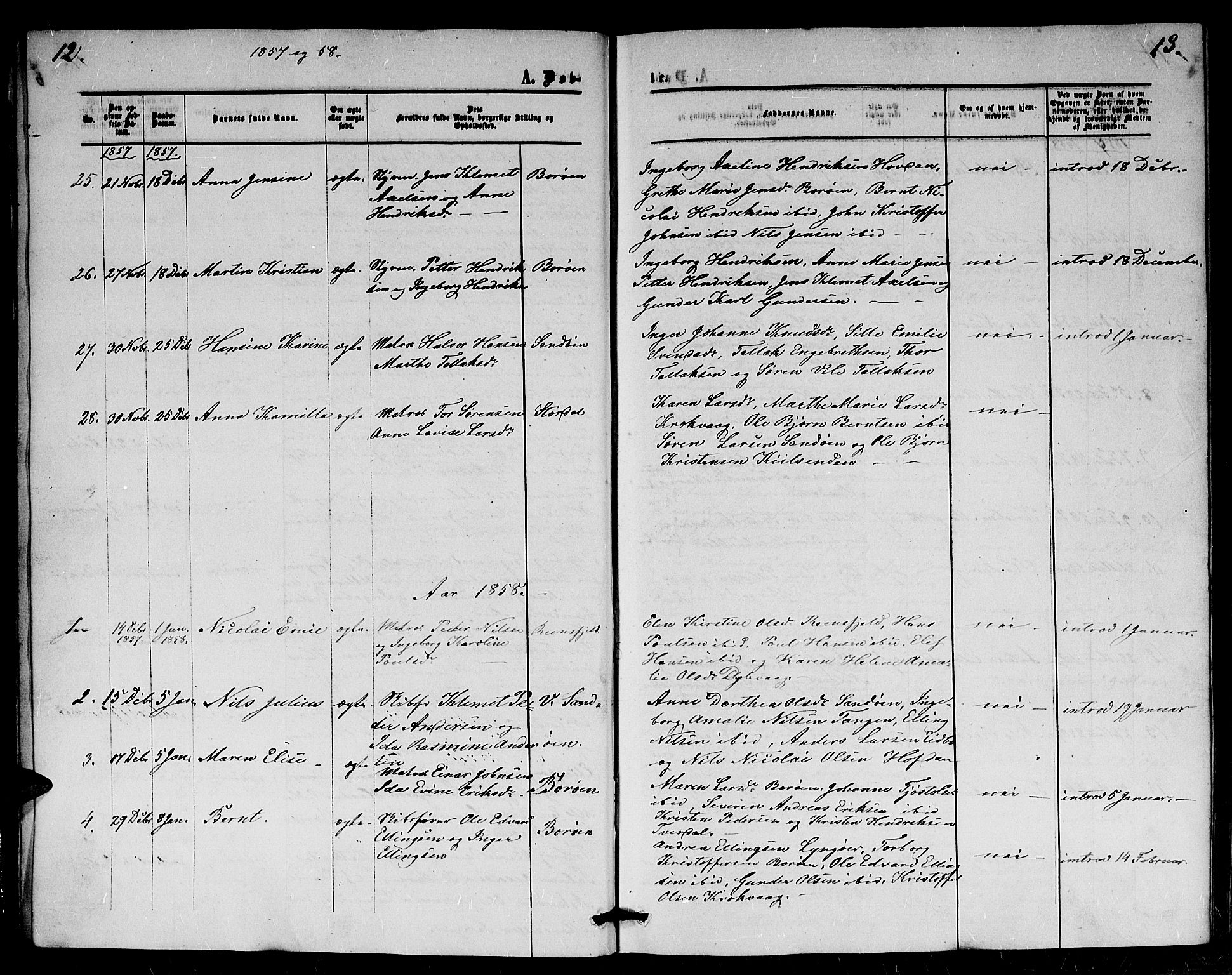 Dypvåg sokneprestkontor, AV/SAK-1111-0007/F/Fb/Fba/L0011: Parish register (copy) no. B 11, 1857-1872, p. 12-13