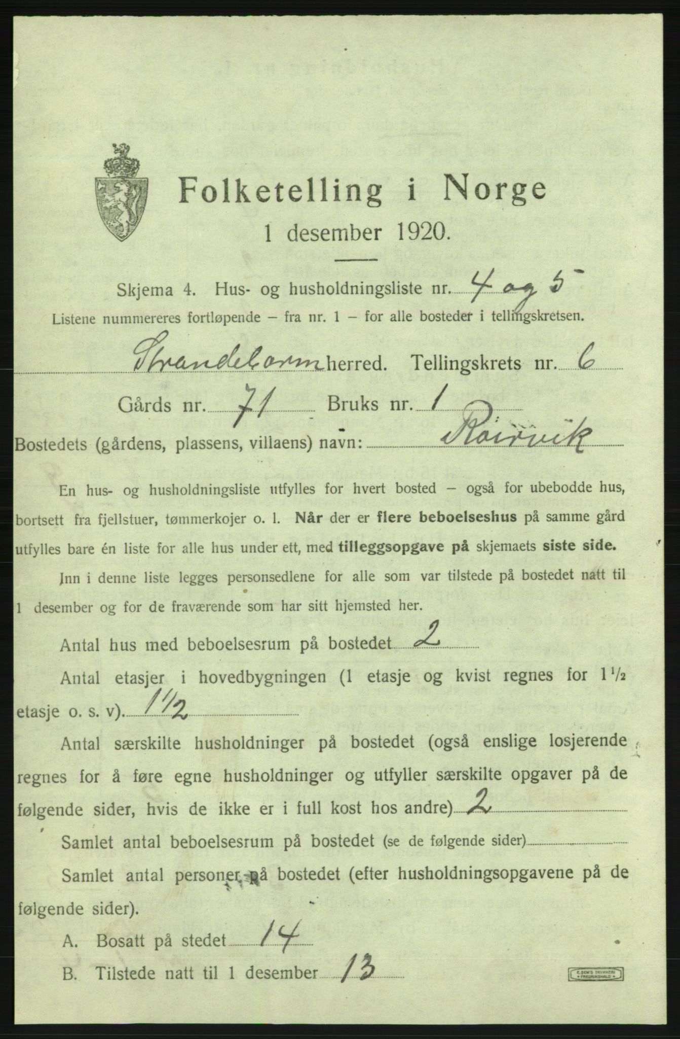 SAB, 1920 census for Strandebarm, 1920, p. 1045