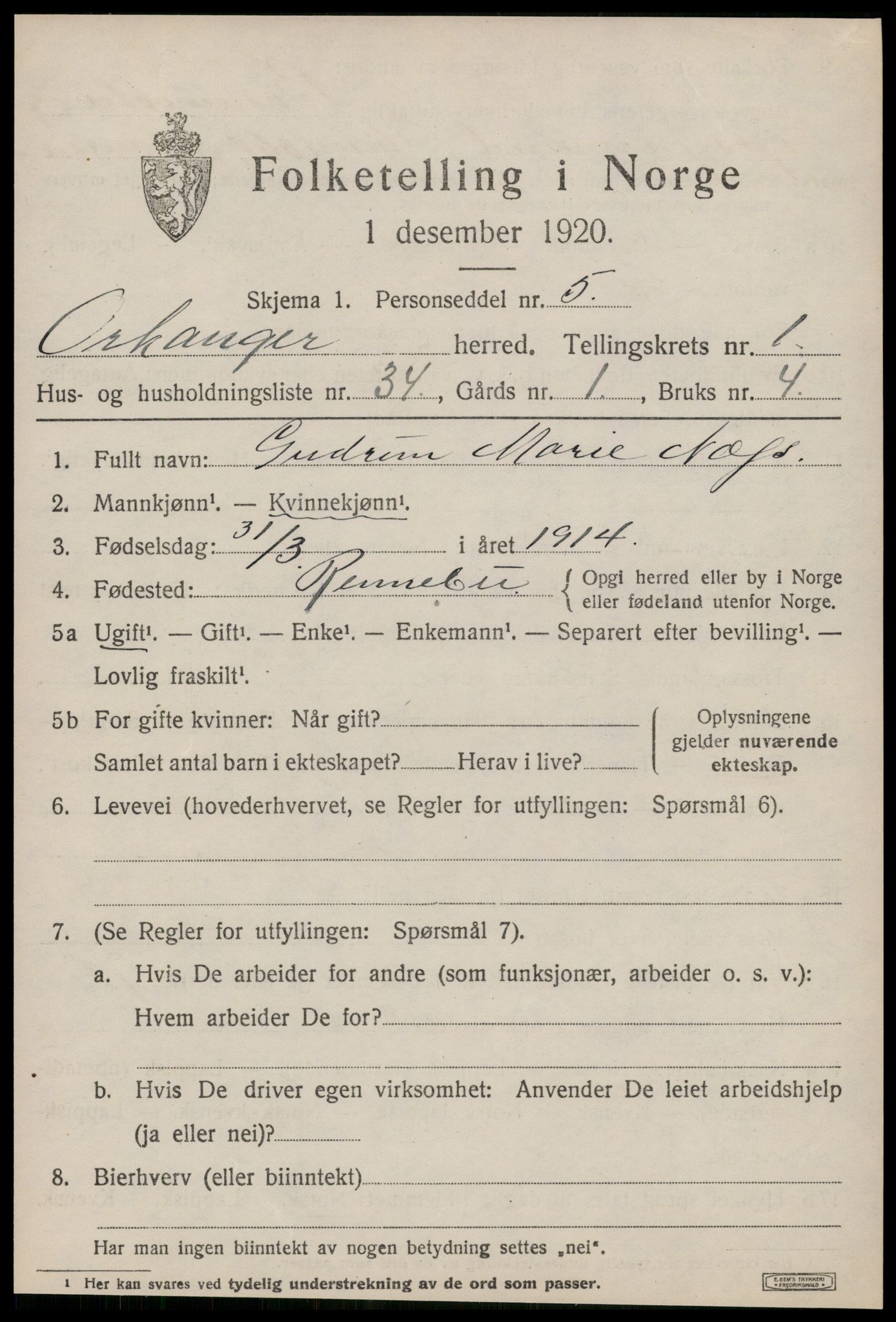 SAT, 1920 census for Orkanger, 1920, p. 1187