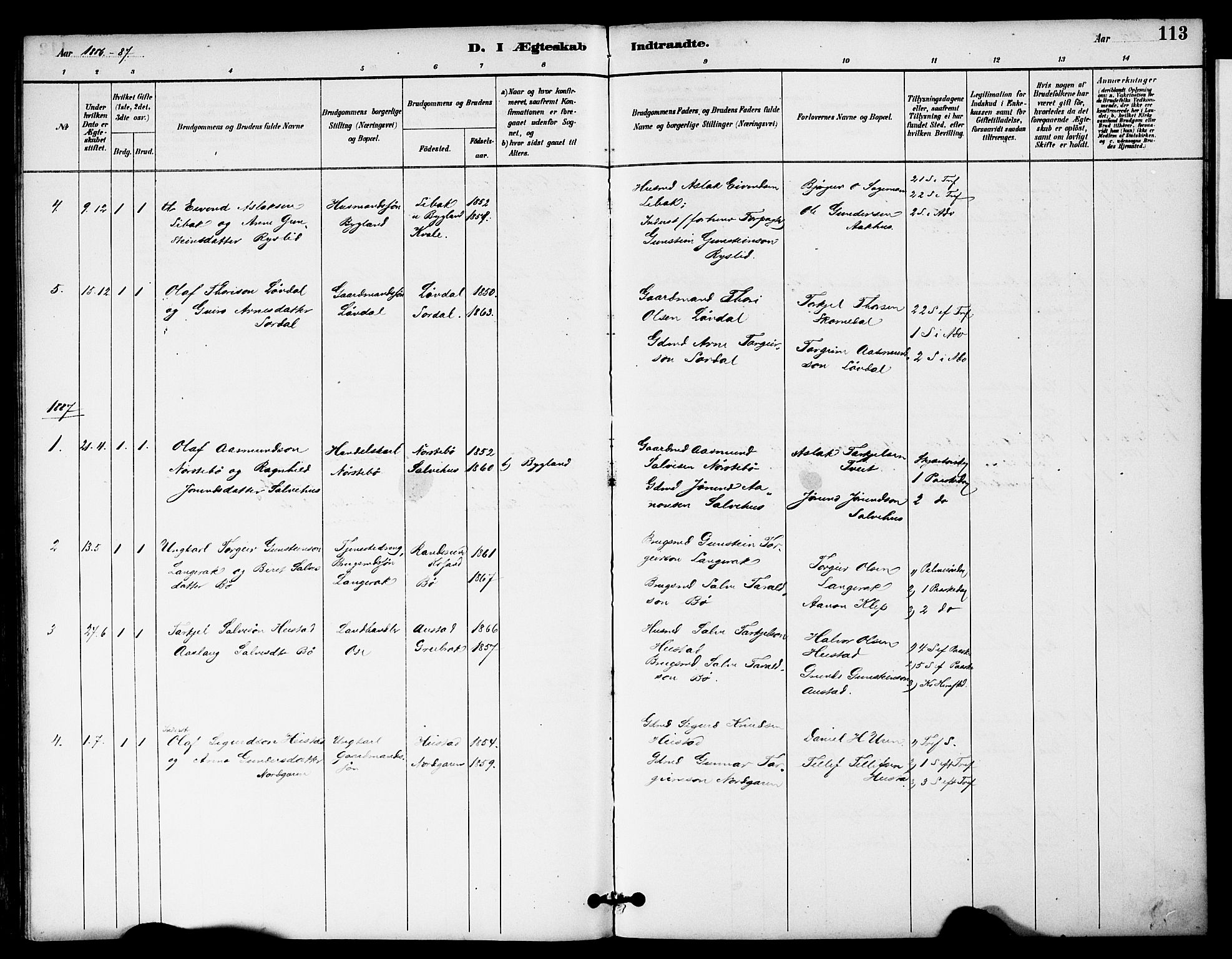 Bygland sokneprestkontor, AV/SAK-1111-0006/F/Fa/Fab/L0007: Parish register (official) no. A 7, 1885-1909, p. 113