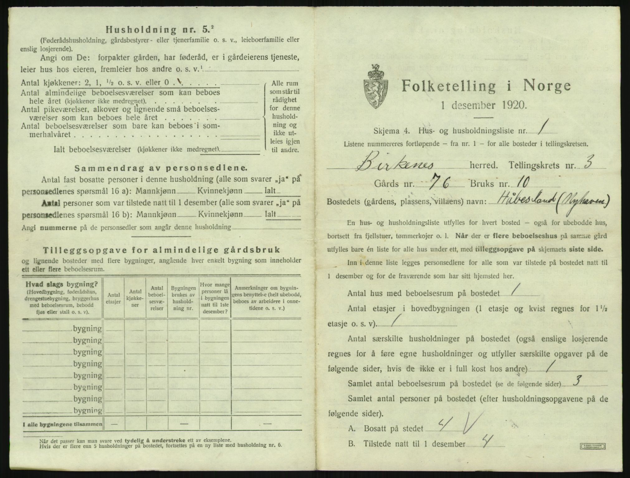 SAK, 1920 census for Birkenes, 1920, p. 155