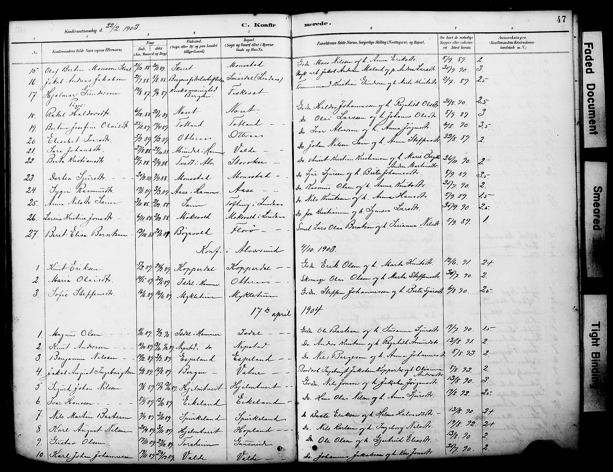 Alversund Sokneprestembete, SAB/A-73901/H/Ha/Hab: Parish register (copy) no. D 3, 1890-1908, p. 47