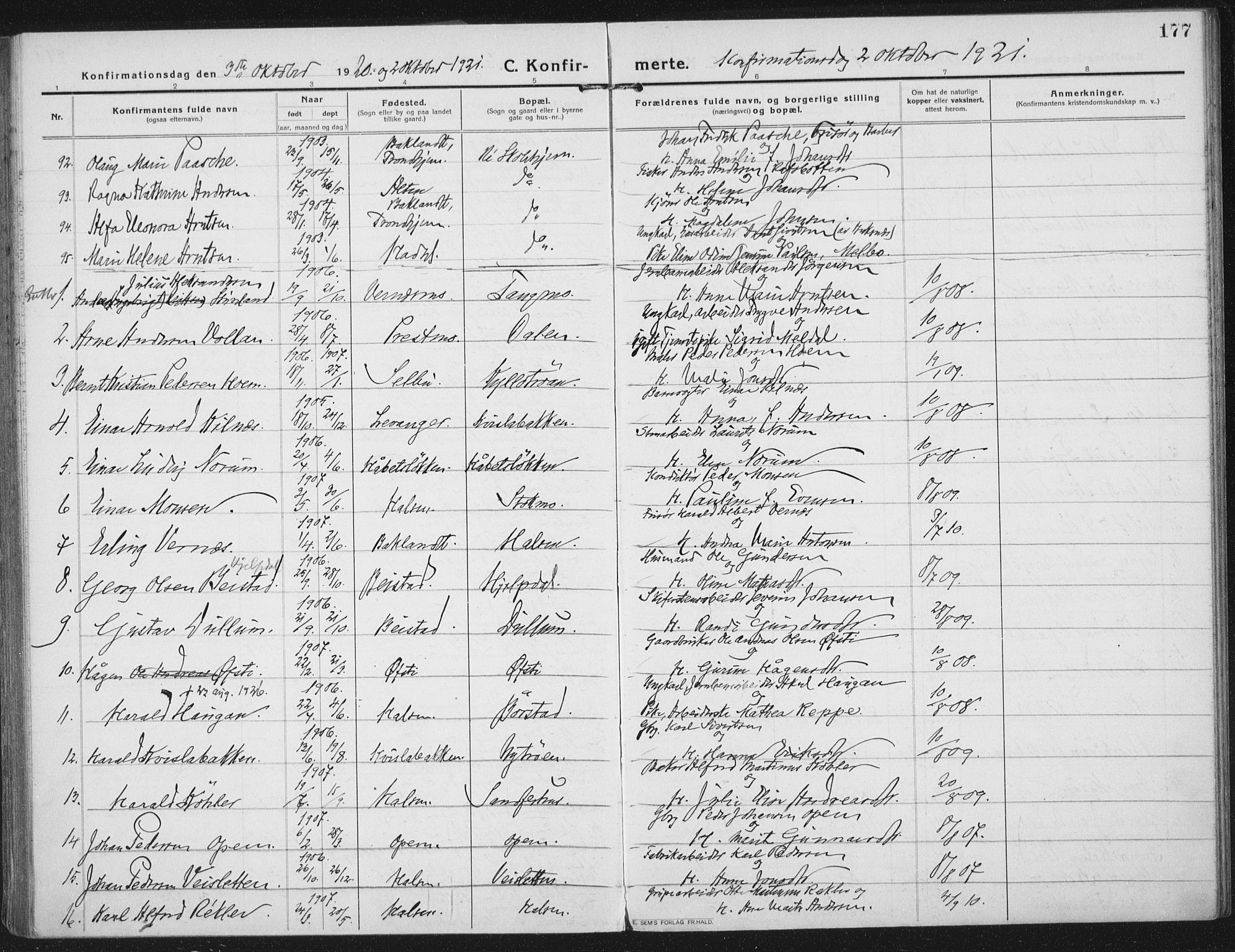 Ministerialprotokoller, klokkerbøker og fødselsregistre - Nord-Trøndelag, SAT/A-1458/709/L0083: Parish register (official) no. 709A23, 1916-1928, p. 177