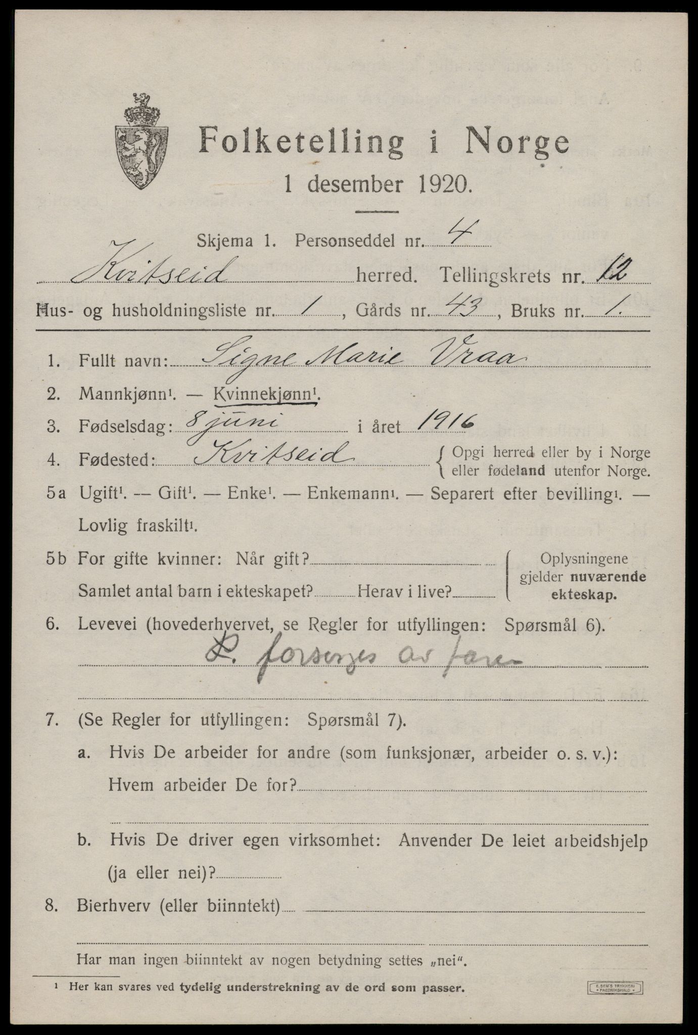 SAKO, 1920 census for Kviteseid, 1920, p. 5923