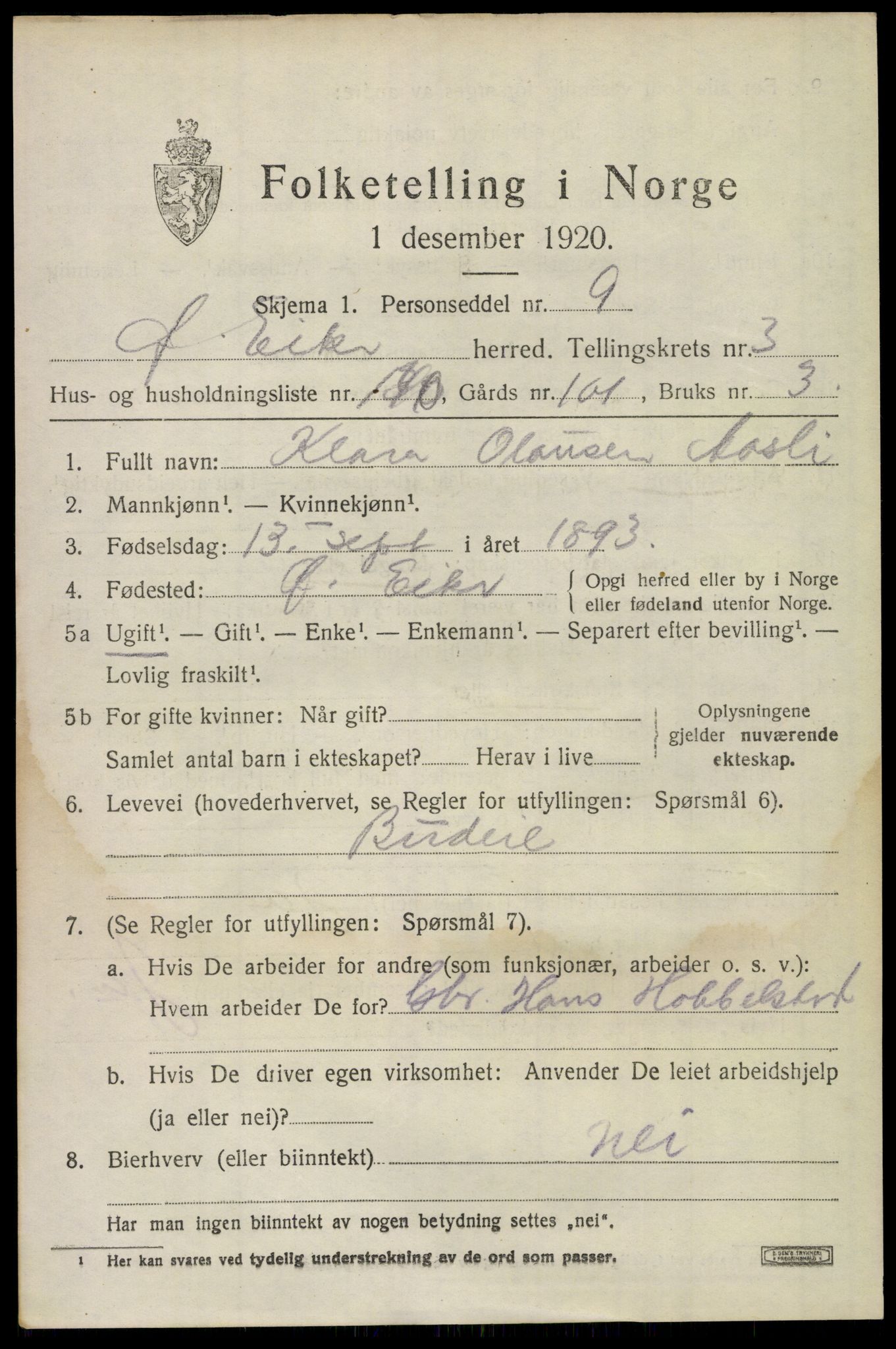 SAKO, 1920 census for Øvre Eiker, 1920, p. 9566