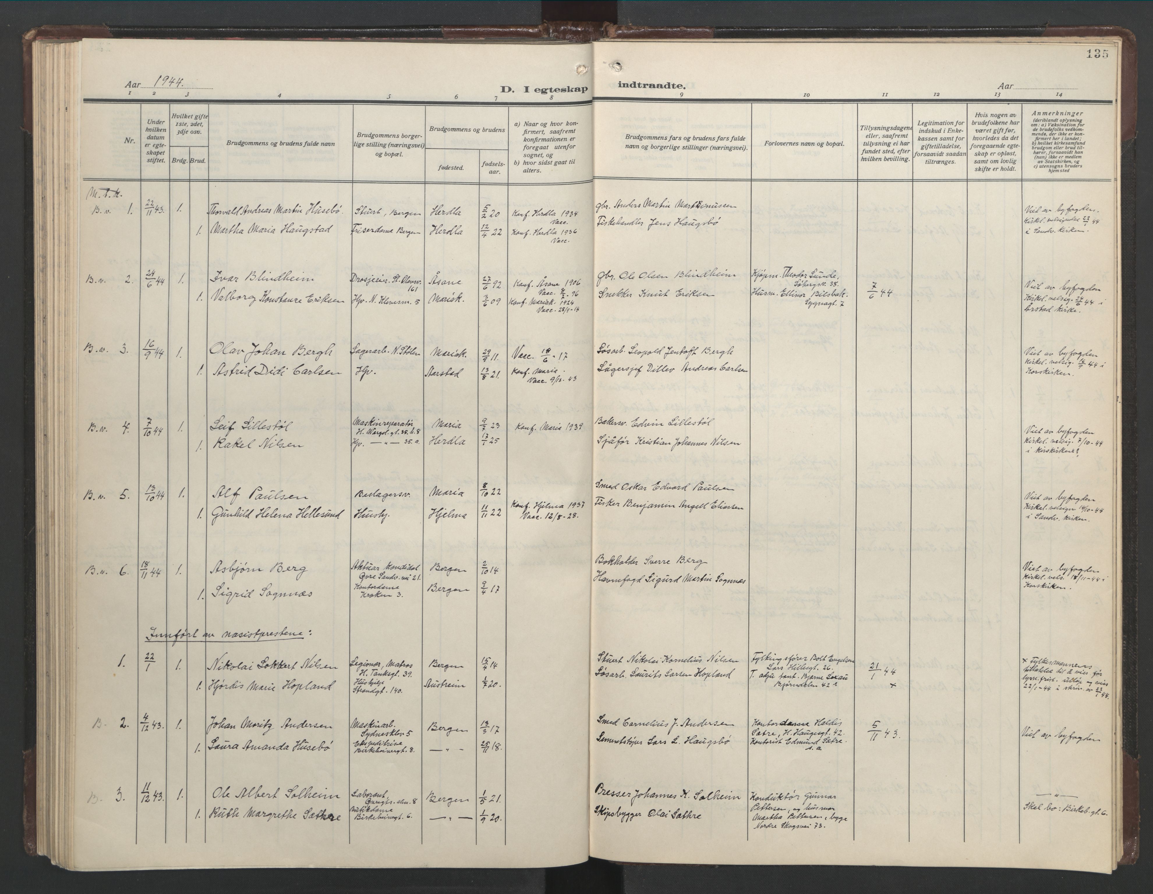 Mariakirken Sokneprestembete, SAB/A-76901/H/Hab/L0011: Parish register (copy) no. A 11, 1938-1955, p. 134b-135a