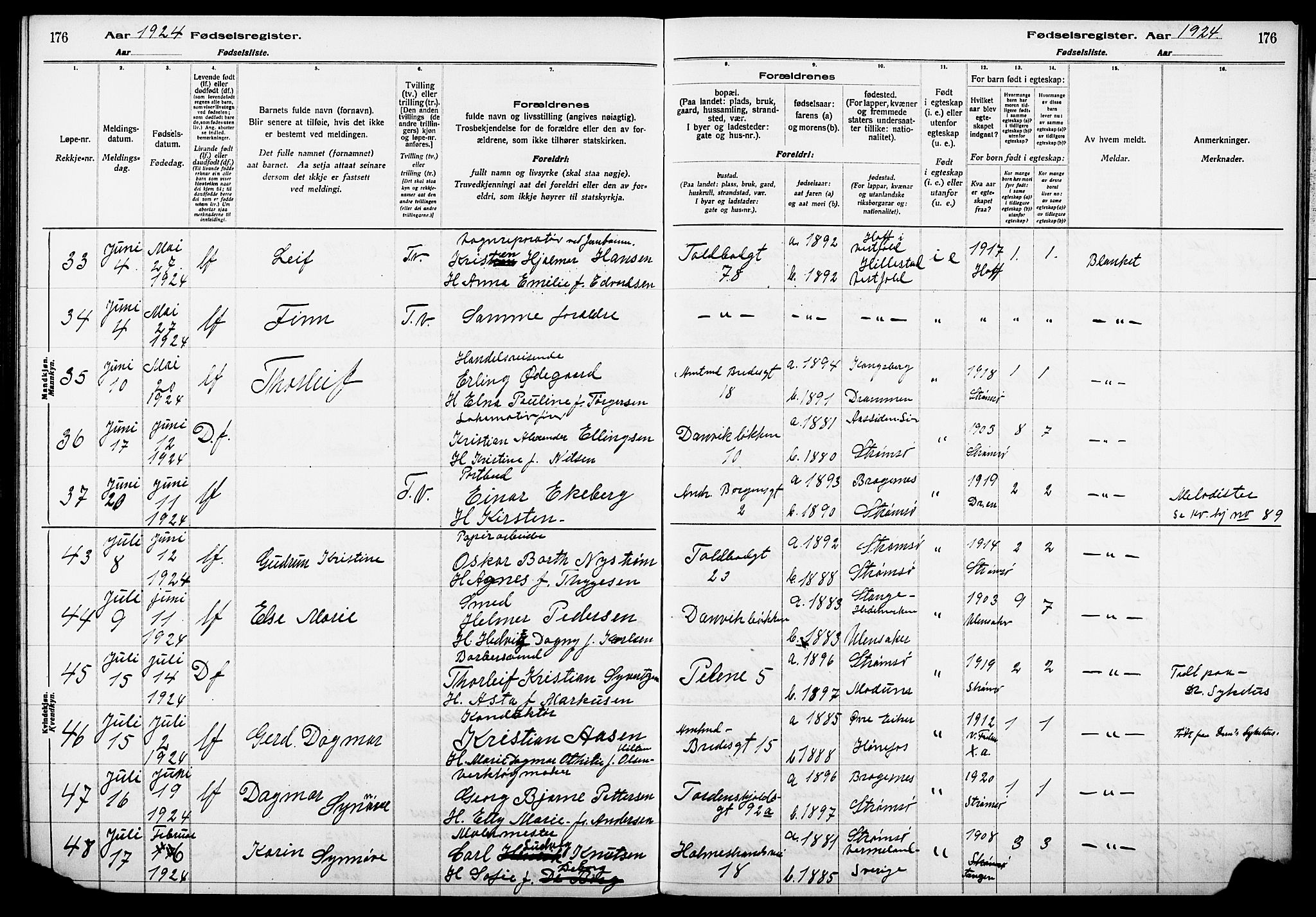 Strømsø kirkebøker, AV/SAKO-A-246/J/Ja/L0001: Birth register no. I 1, 1916-1925, p. 176