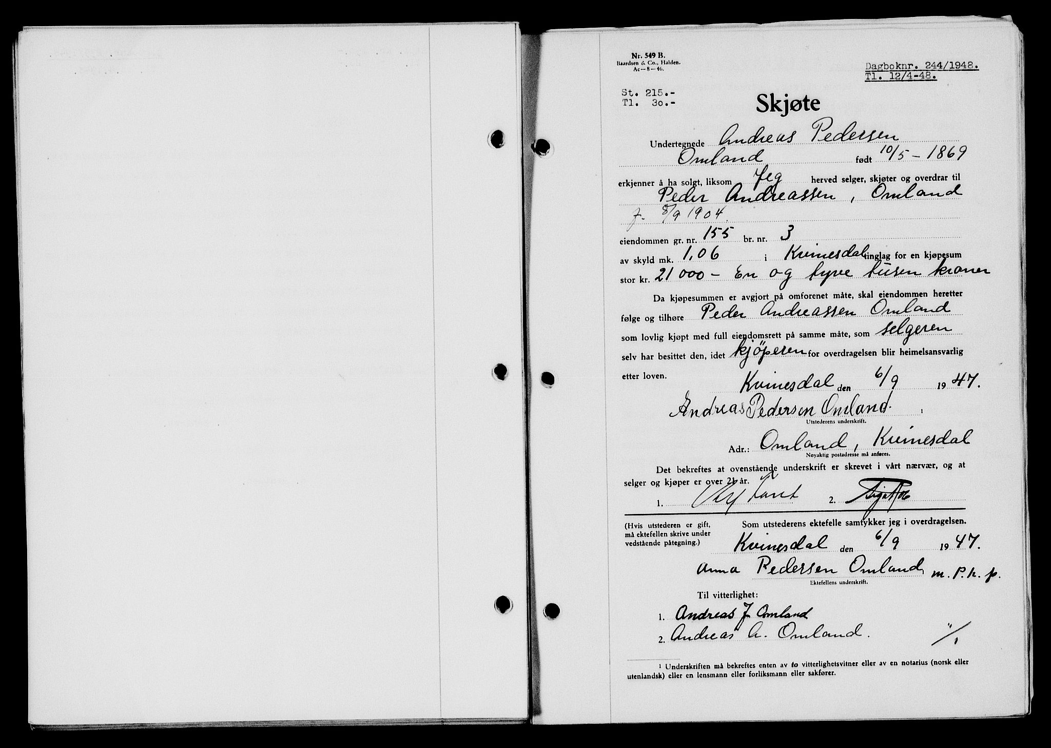 Flekkefjord sorenskriveri, AV/SAK-1221-0001/G/Gb/Gba/L0063: Mortgage book no. A-11, 1947-1948, Diary no: : 244/1948