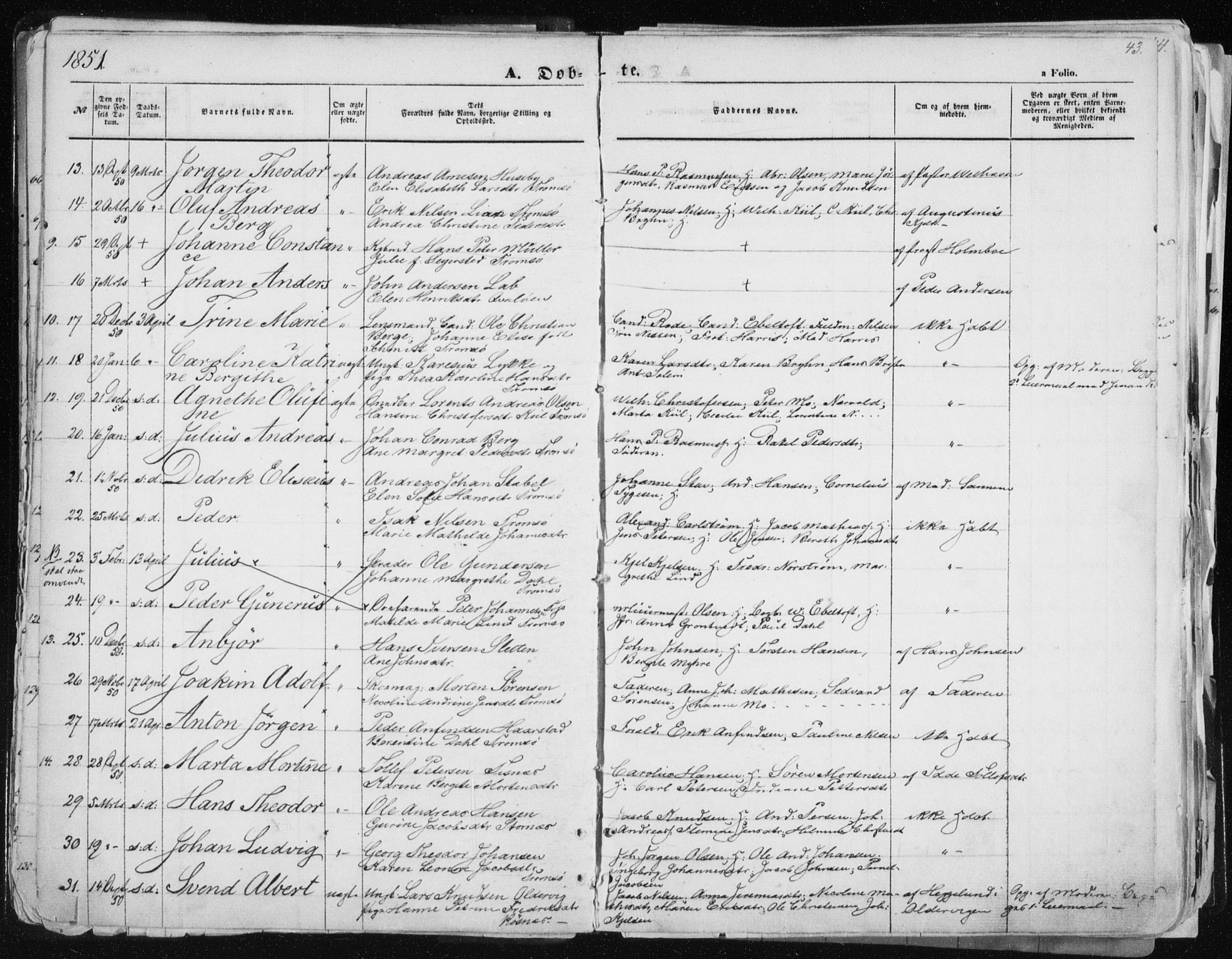 Tromsø sokneprestkontor/stiftsprosti/domprosti, SATØ/S-1343/G/Ga/L0010kirke: Parish register (official) no. 10, 1848-1855, p. 43
